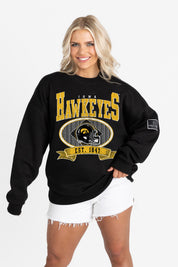 IOWA HAWKEYES BOLD CHEERS BLACK LABEL PREMIUM FLEECE CREW SWEATSHIRT