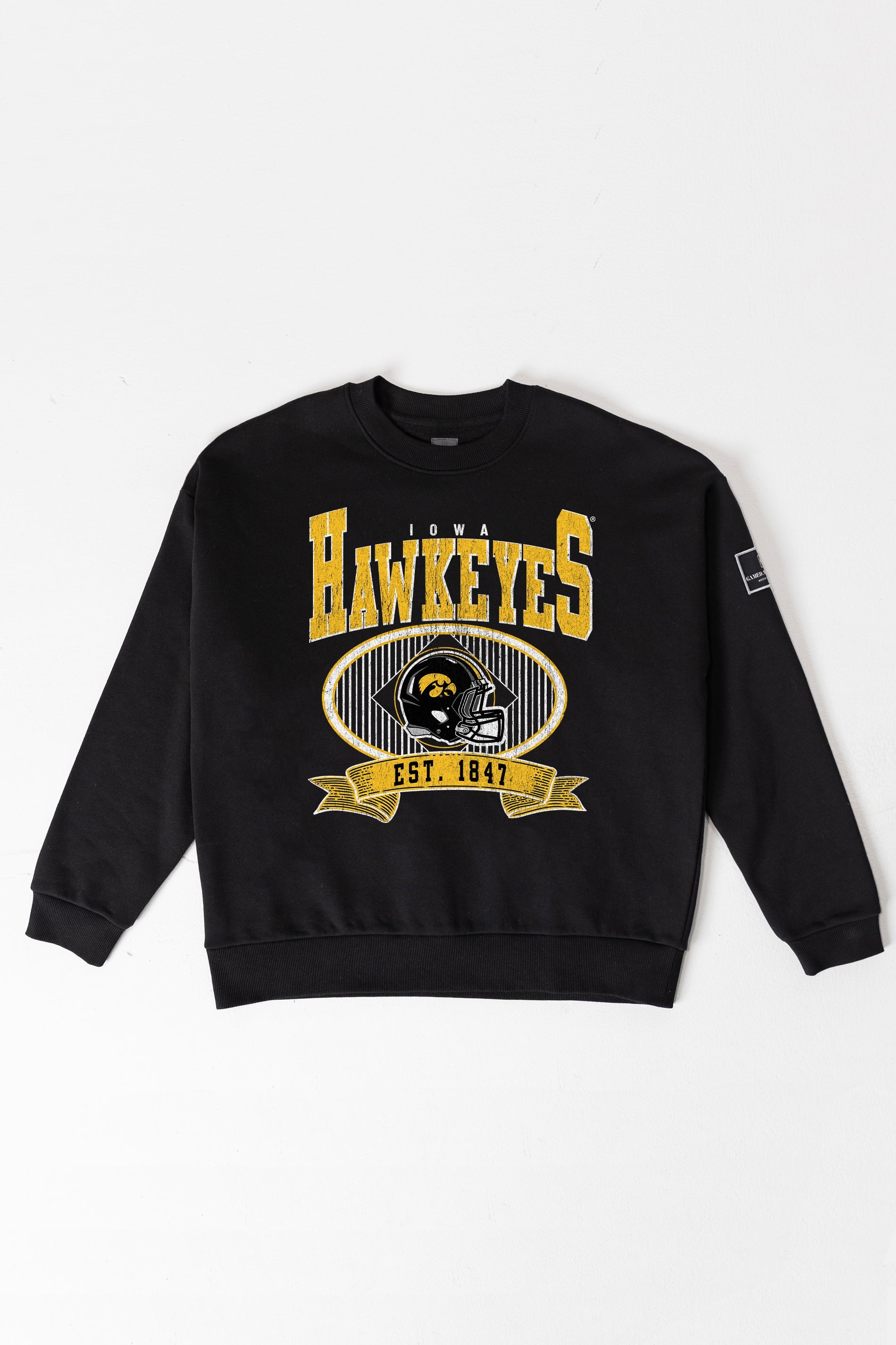 IOWA HAWKEYES BOLD CHEERS BLACK LABEL PREMIUM FLEECE CREW SWEATSHIRT