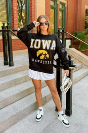 IOWA HAWKEYES LEVEL UP BLACK LABEL PREMIUM FLEECE CREW SWEATSHIRT
