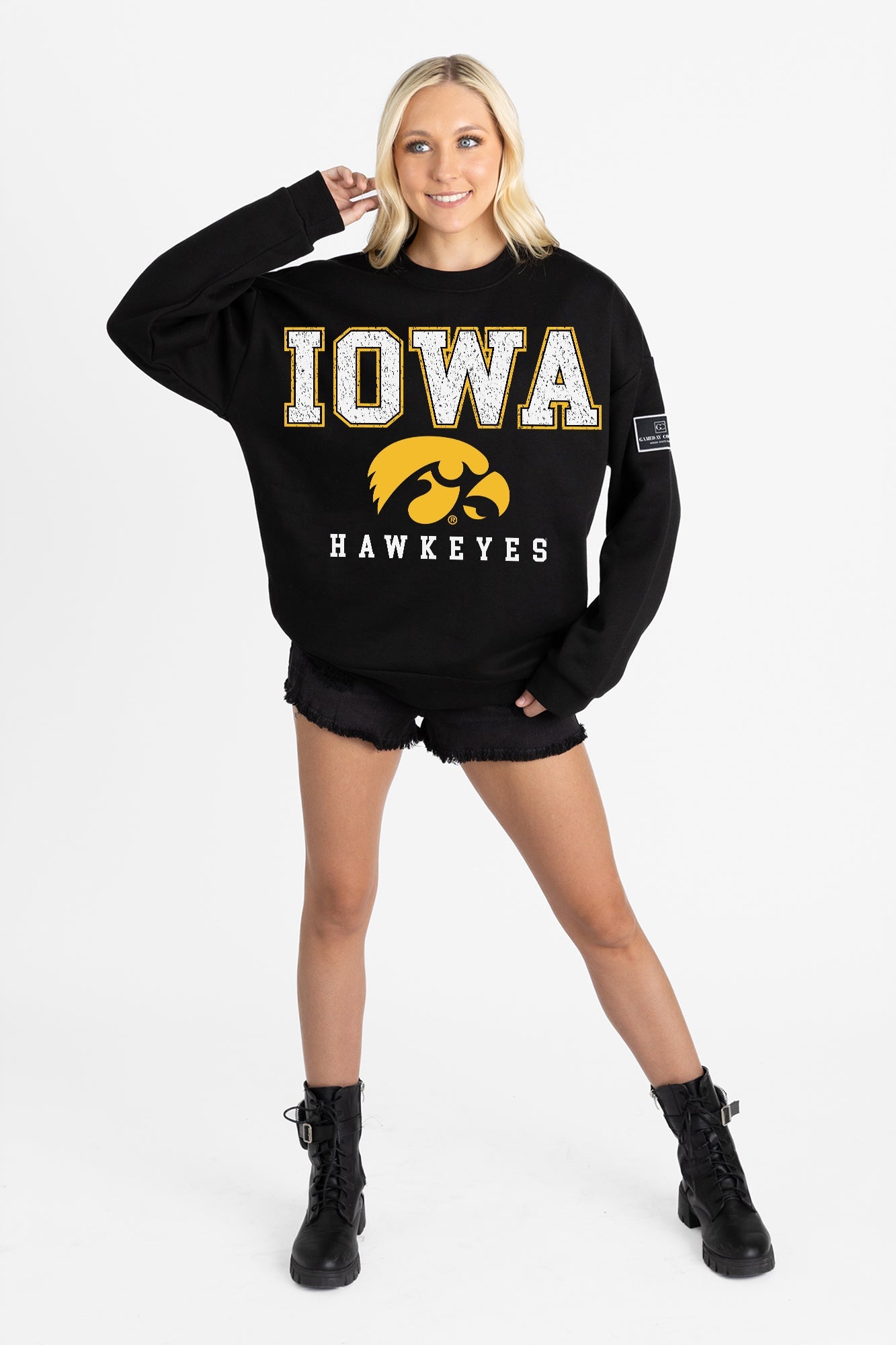 IOWA HAWKEYES LEVEL UP BLACK LABEL PREMIUM FLEECE CREW SWEATSHIRT