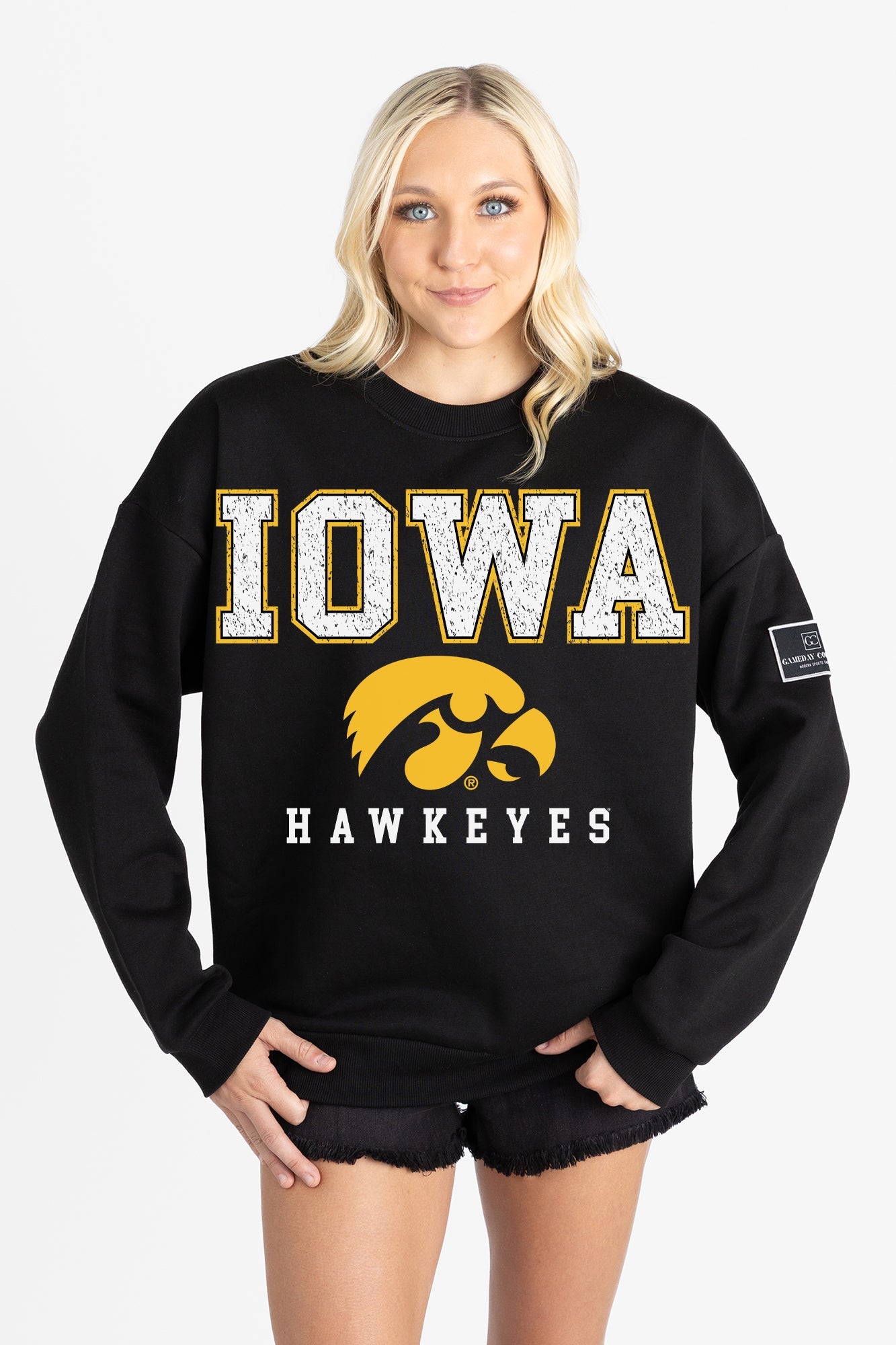IOWA HAWKEYES LEVEL UP BLACK LABEL PREMIUM FLEECE CREW SWEATSHIRT