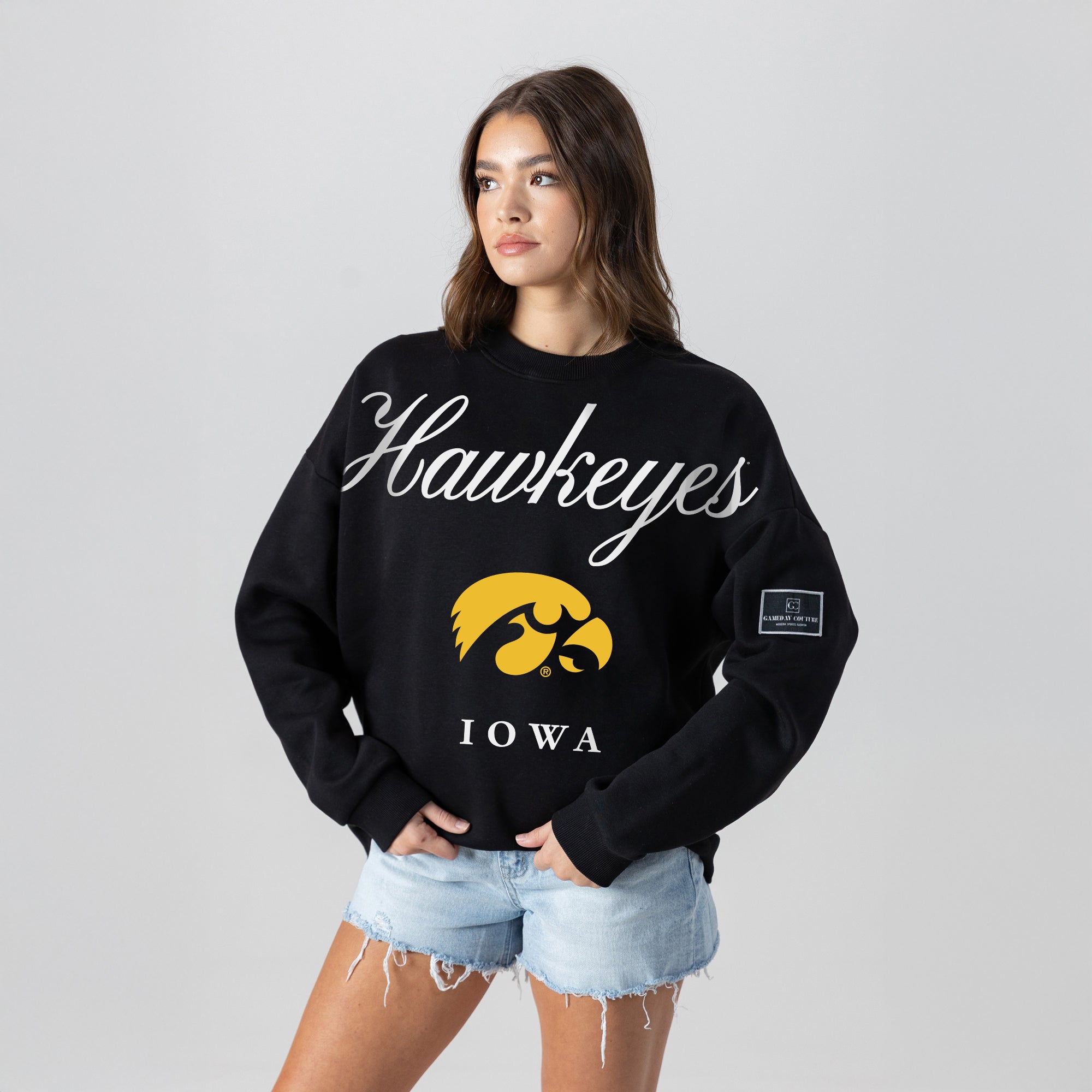 IOWA HAWKEYES LEGACY CLUB BLACK LABEL PREMIUM FLEECE DROP SHOULDER CREWNECK