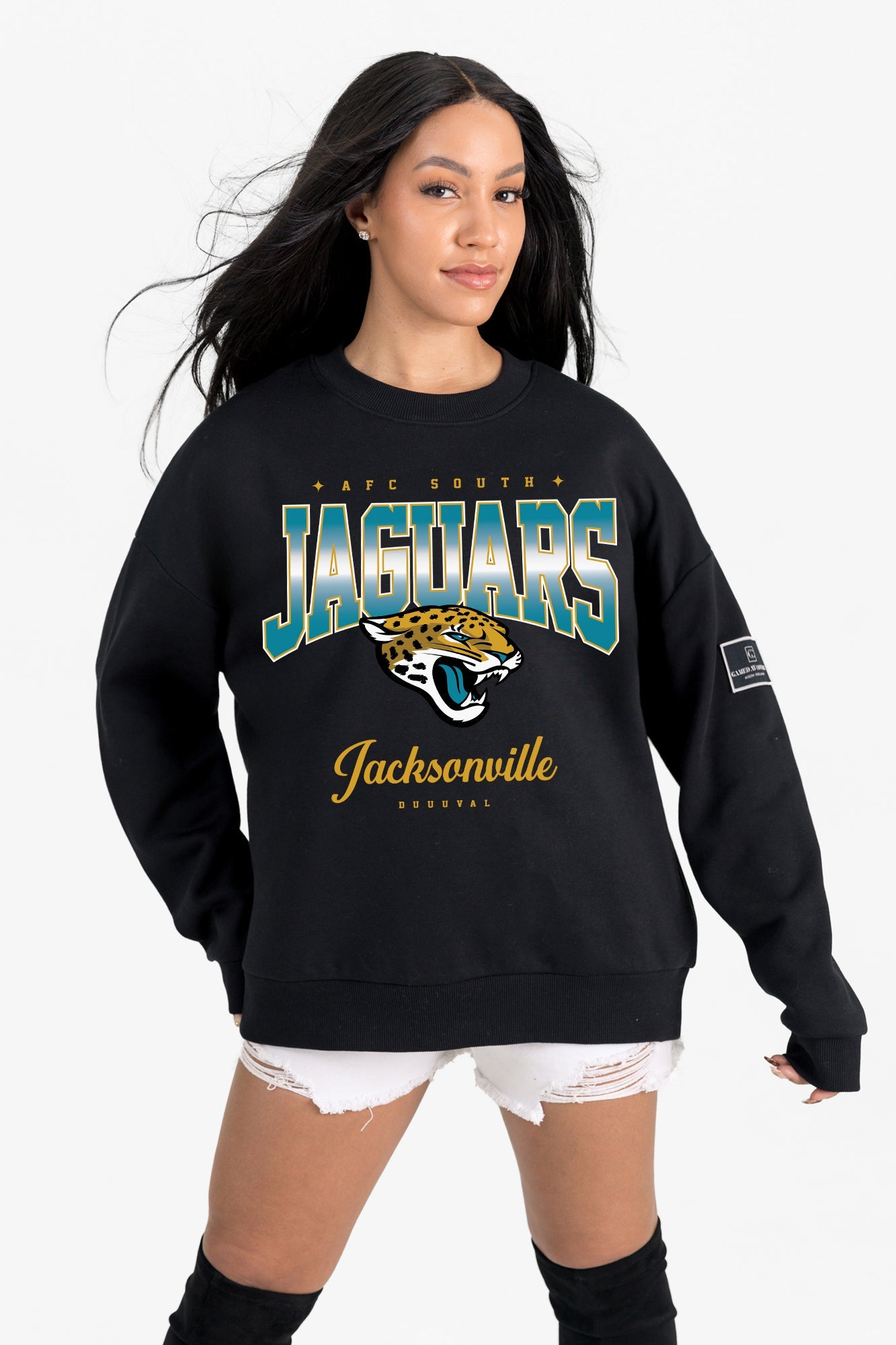 JACKSONVILLE JAGUARS POWERHOUSE PLAY BLACK LABEL PREMIUM FLEECE CREW SWEATSHIRT