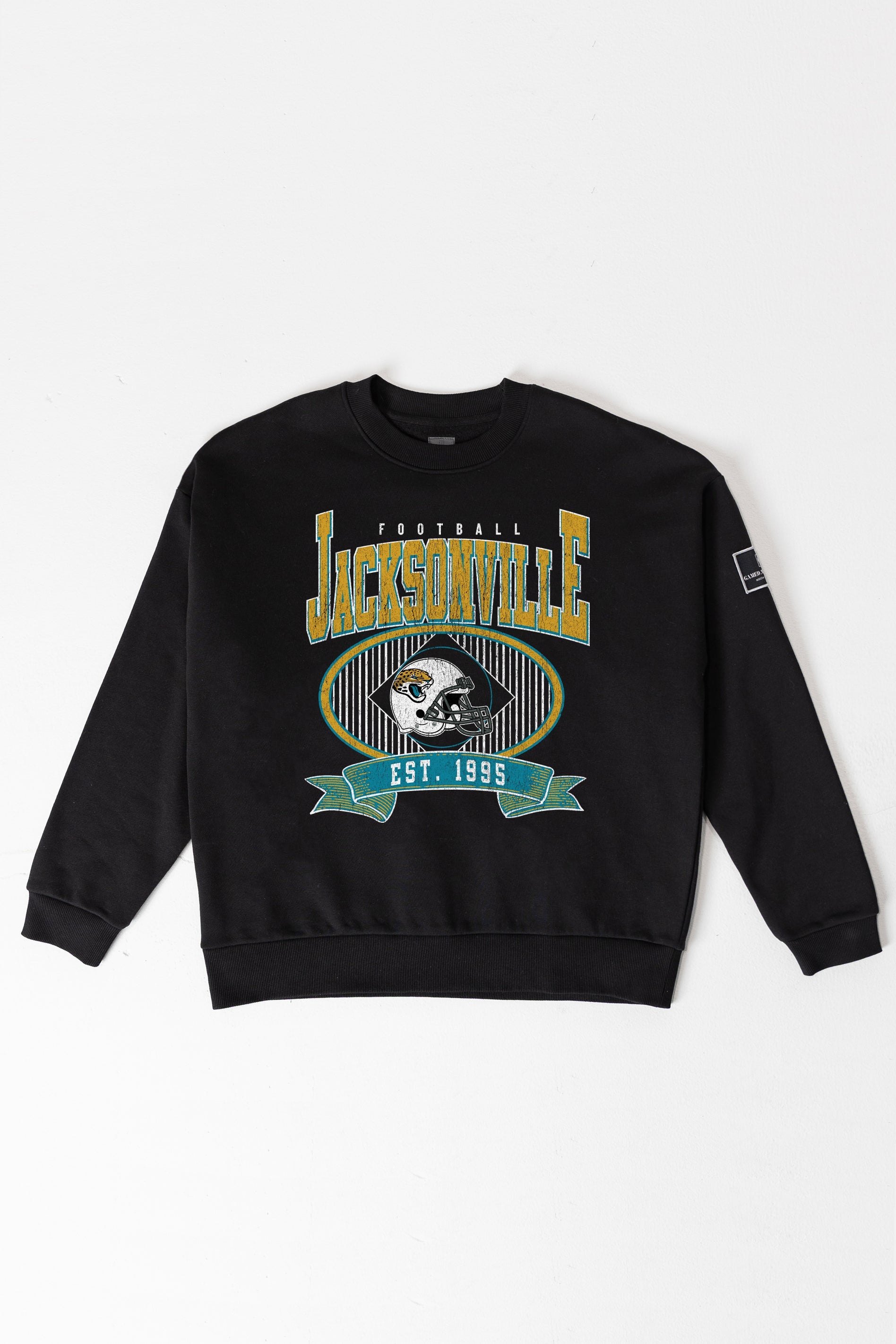 JACKSONVILLE JAGUARS BOLD CHEERS BLACK LABEL PREMIUM FLEECE CREW SWEATSHIRT