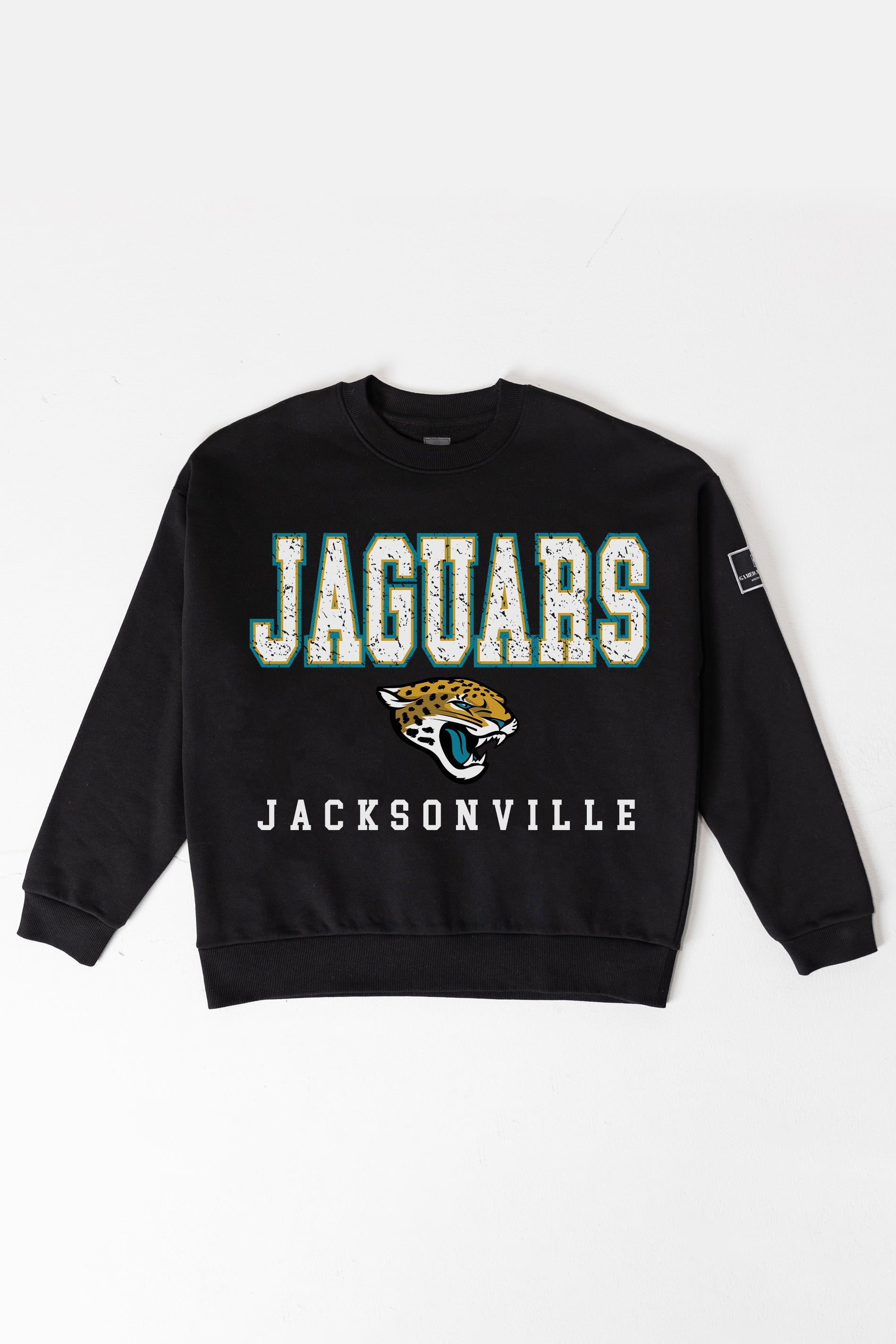 JACKSONVILLE JAGUARS LEVEL UP BLACK LABEL PREMIUM FLEECE CREW SWEATSHIRT