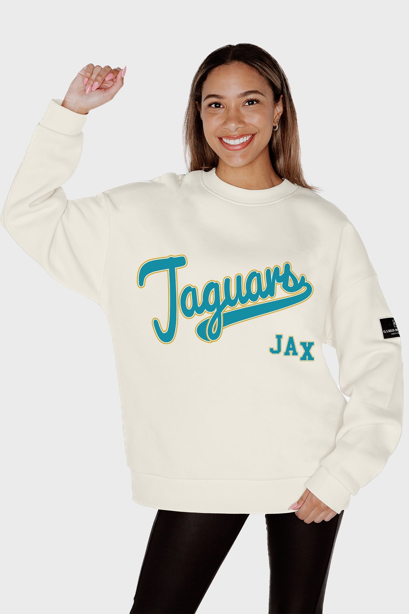 JACKSONVILLE JAGUARS CLUTCH MOVE BLACK LABEL PREMIUM FLEECE CREW SWEATSHIRT BY RANDI MAHOMES