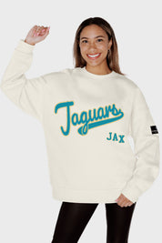JACKSONVILLE JAGUARS CLUTCH MOVE BLACK LABEL PREMIUM FLEECE CREW SWEATSHIRT BY RANDI MAHOMES
