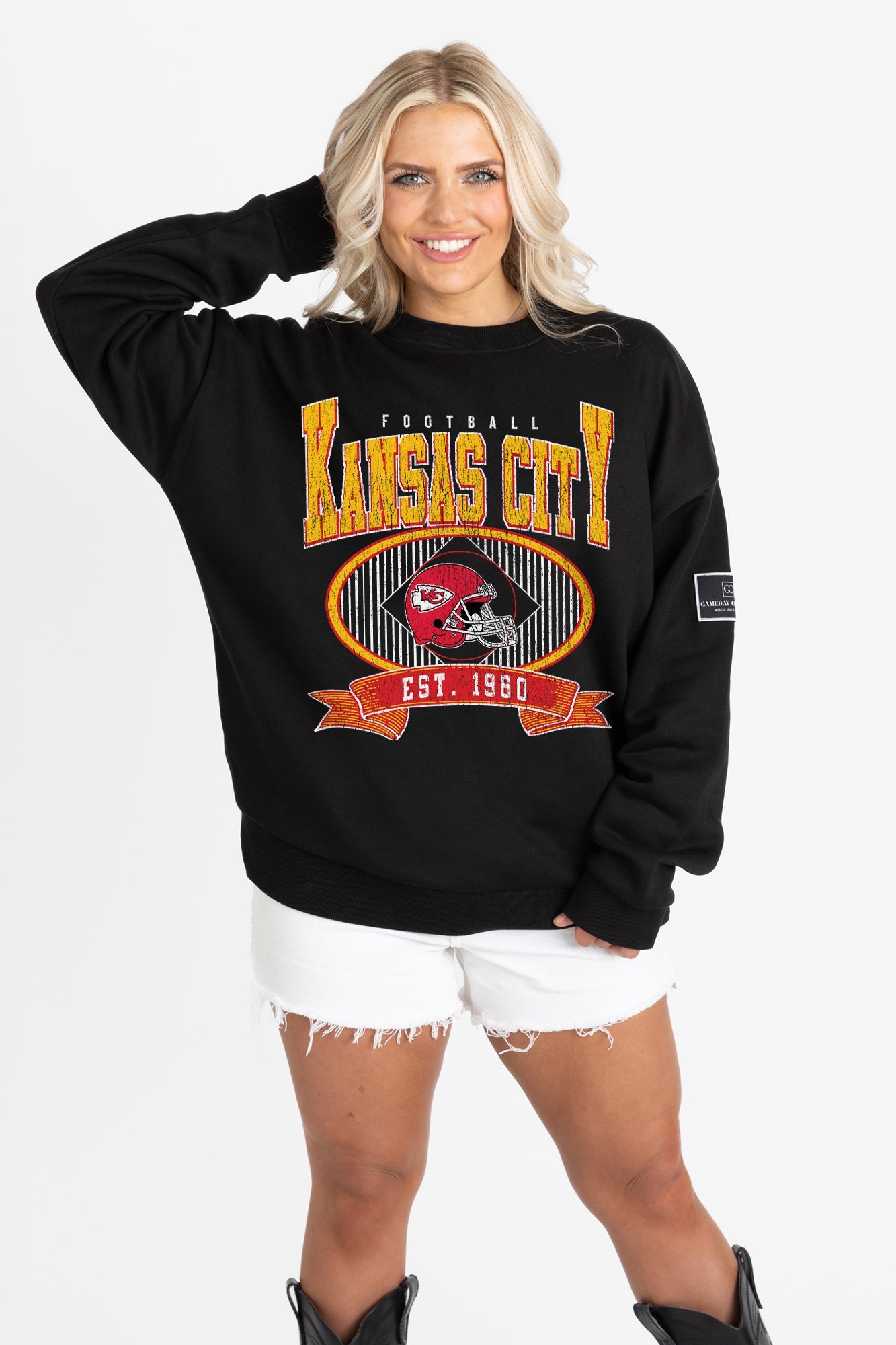 KANSAS CITY CHIEFS BOLD CHEERS BLACK LABEL PREMIUM FLEECE CREW SWEATSHIRT