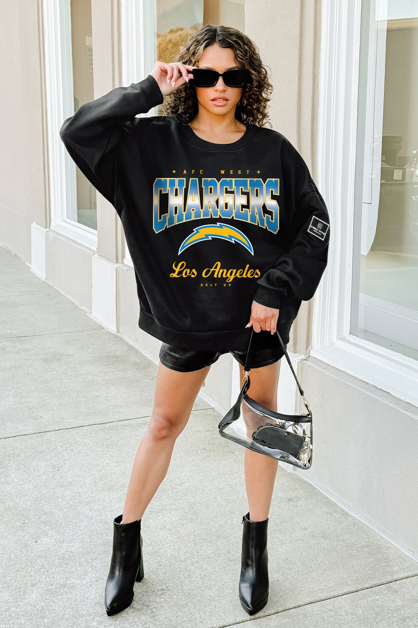 LOS ANGELES CHARGERS POWERHOUSE PLAY BLACK LABEL PREMIUM FLEECE CREW SWEATSHIRT