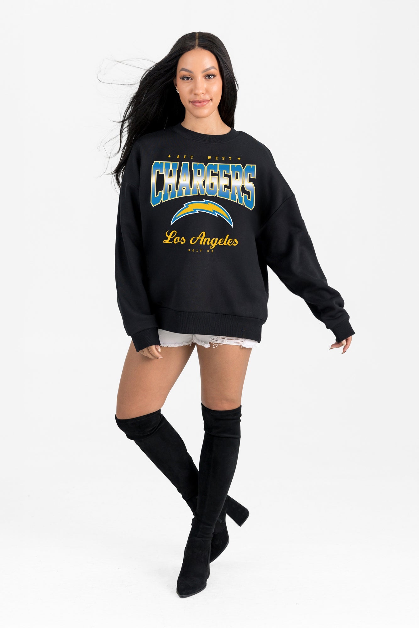 LOS ANGELES CHARGERS POWERHOUSE PLAY BLACK LABEL PREMIUM FLEECE CREW SWEATSHIRT