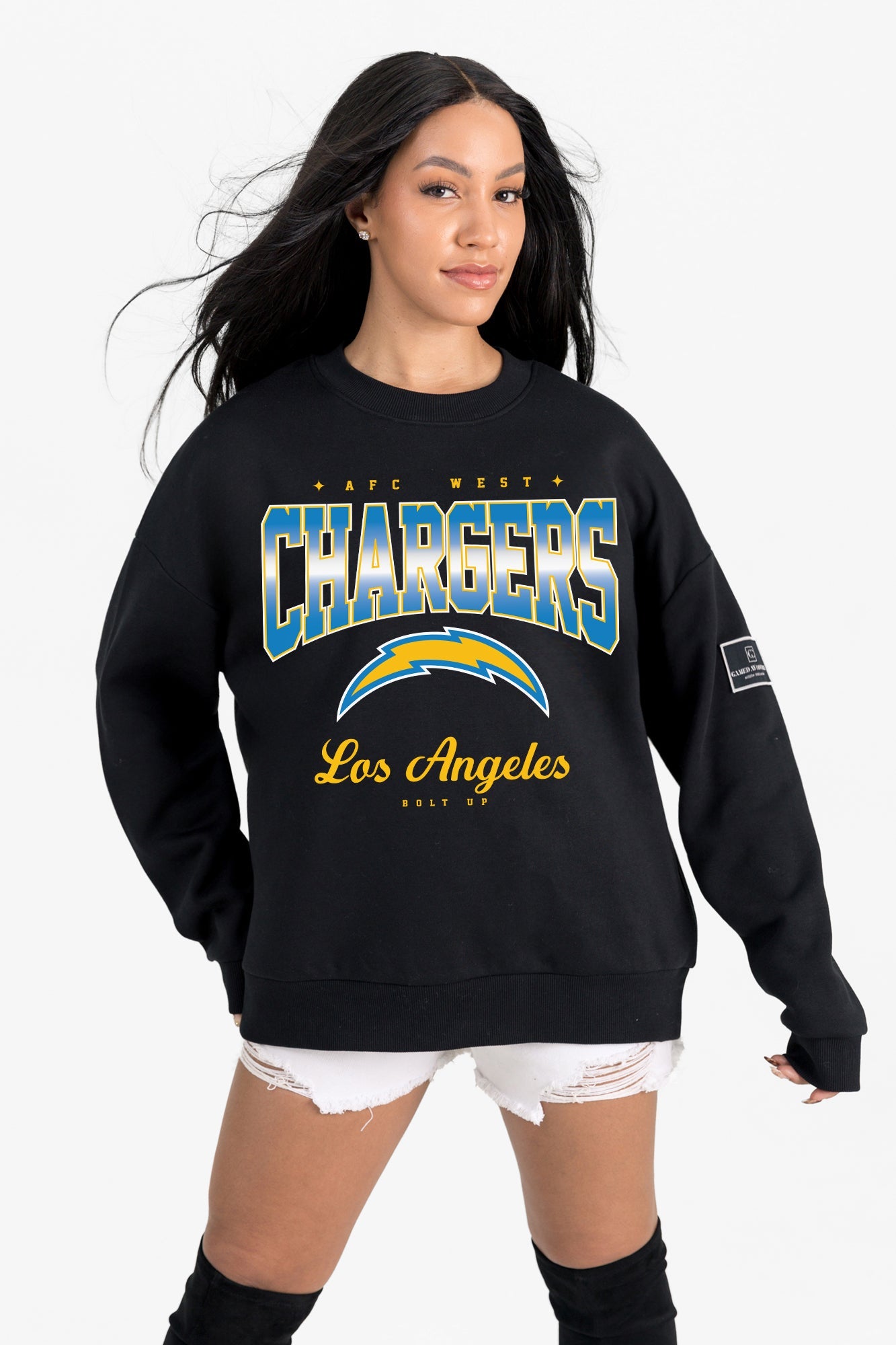 LOS ANGELES CHARGERS POWERHOUSE PLAY BLACK LABEL PREMIUM FLEECE CREW SWEATSHIRT