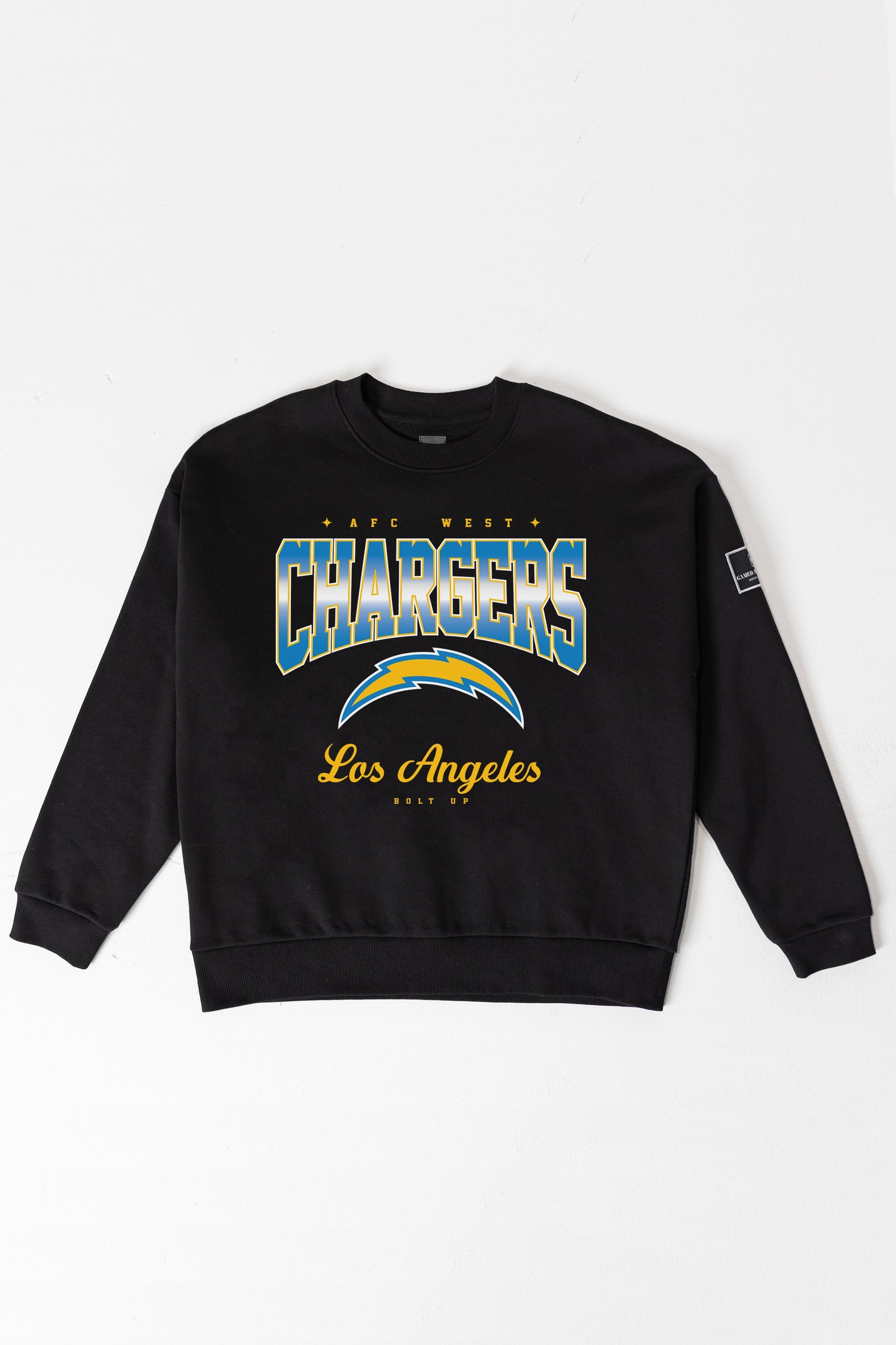 LOS ANGELES CHARGERS POWERHOUSE PLAY BLACK LABEL PREMIUM FLEECE CREW SWEATSHIRT