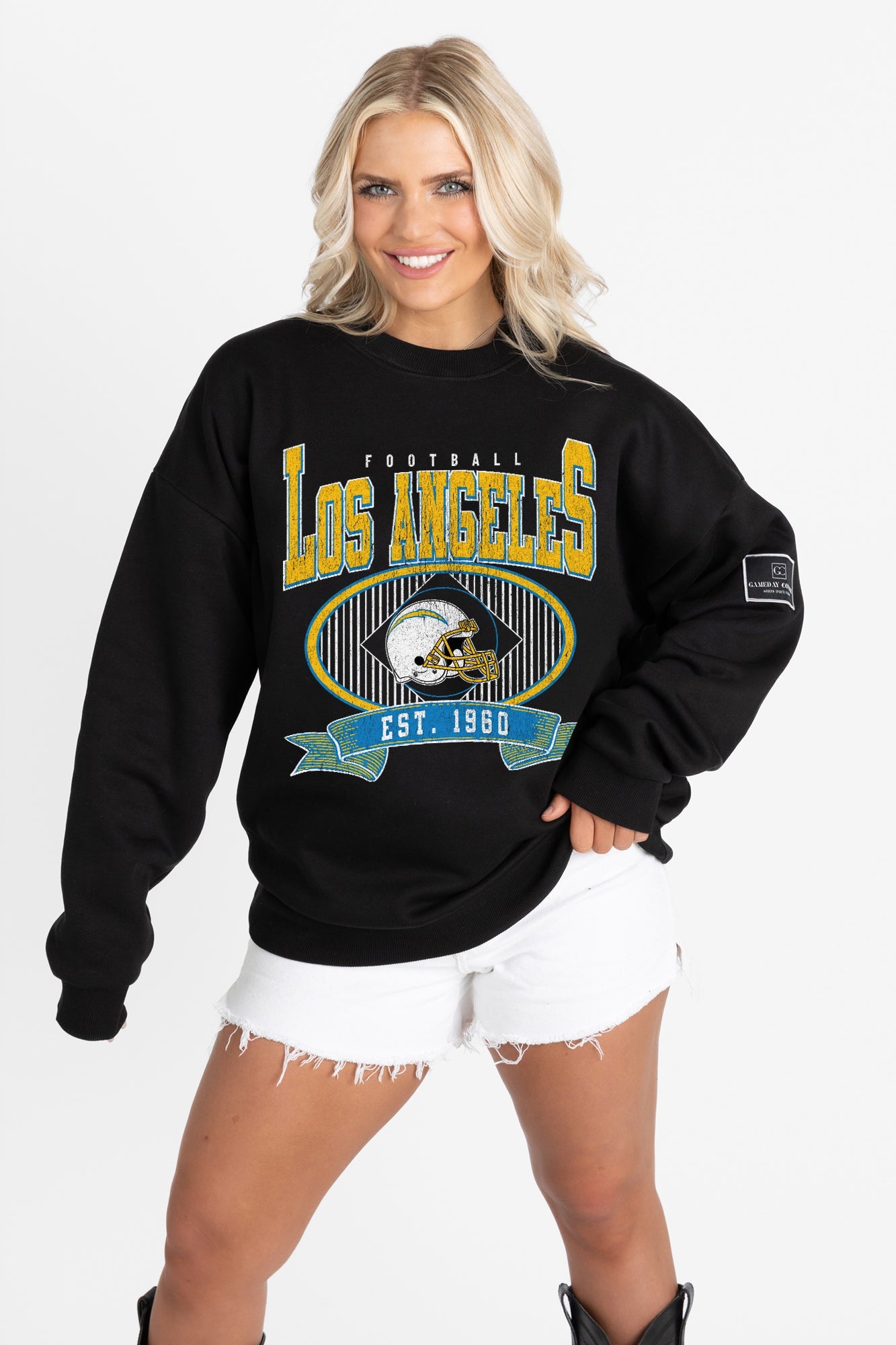 LOS ANGELES CHARGERS BOLD CHEERS BLACK LABEL PREMIUM FLEECE CREW SWEATSHIRT