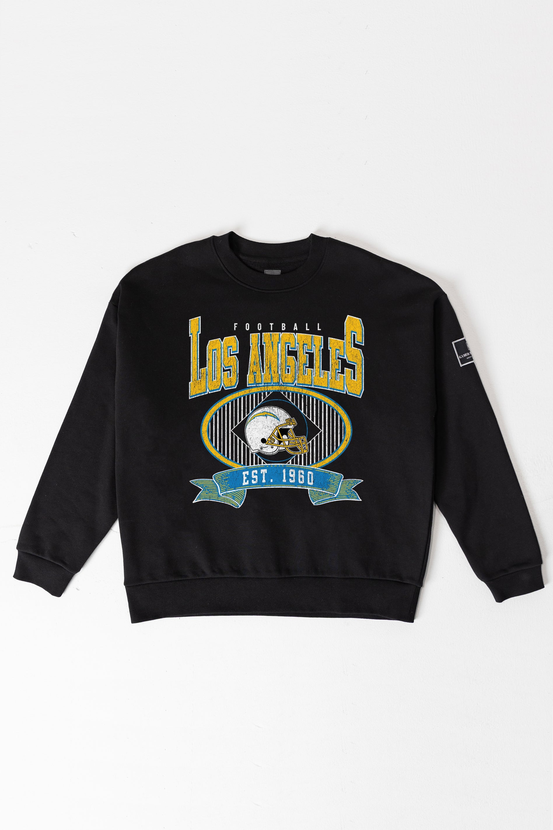 LOS ANGELES CHARGERS BOLD CHEERS BLACK LABEL PREMIUM FLEECE CREW SWEATSHIRT