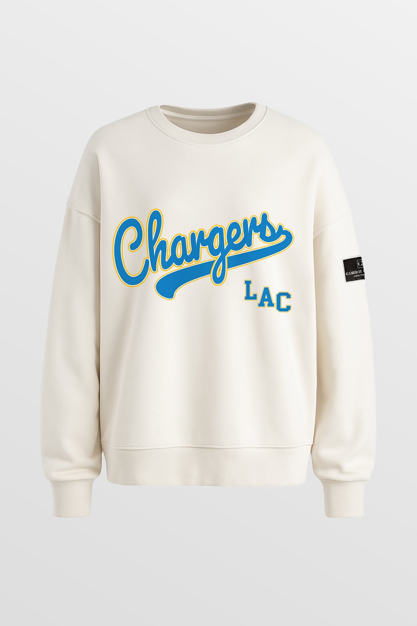 LOS ANGELES CHARGERS CLUTCH MOVE BLACK LABEL PREMIUM FLEECE CREW SWEATSHIRT BY RANDI MAHOMES