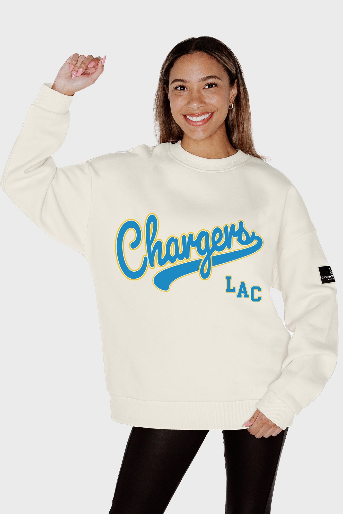 LOS ANGELES CHARGERS CLUTCH MOVE BLACK LABEL PREMIUM FLEECE CREW SWEATSHIRT BY RANDI MAHOMES