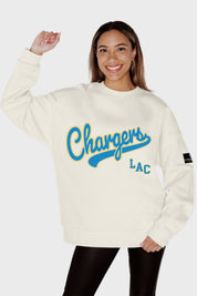 LOS ANGELES CHARGERS CLUTCH MOVE BLACK LABEL PREMIUM FLEECE CREW SWEATSHIRT BY RANDI MAHOMES