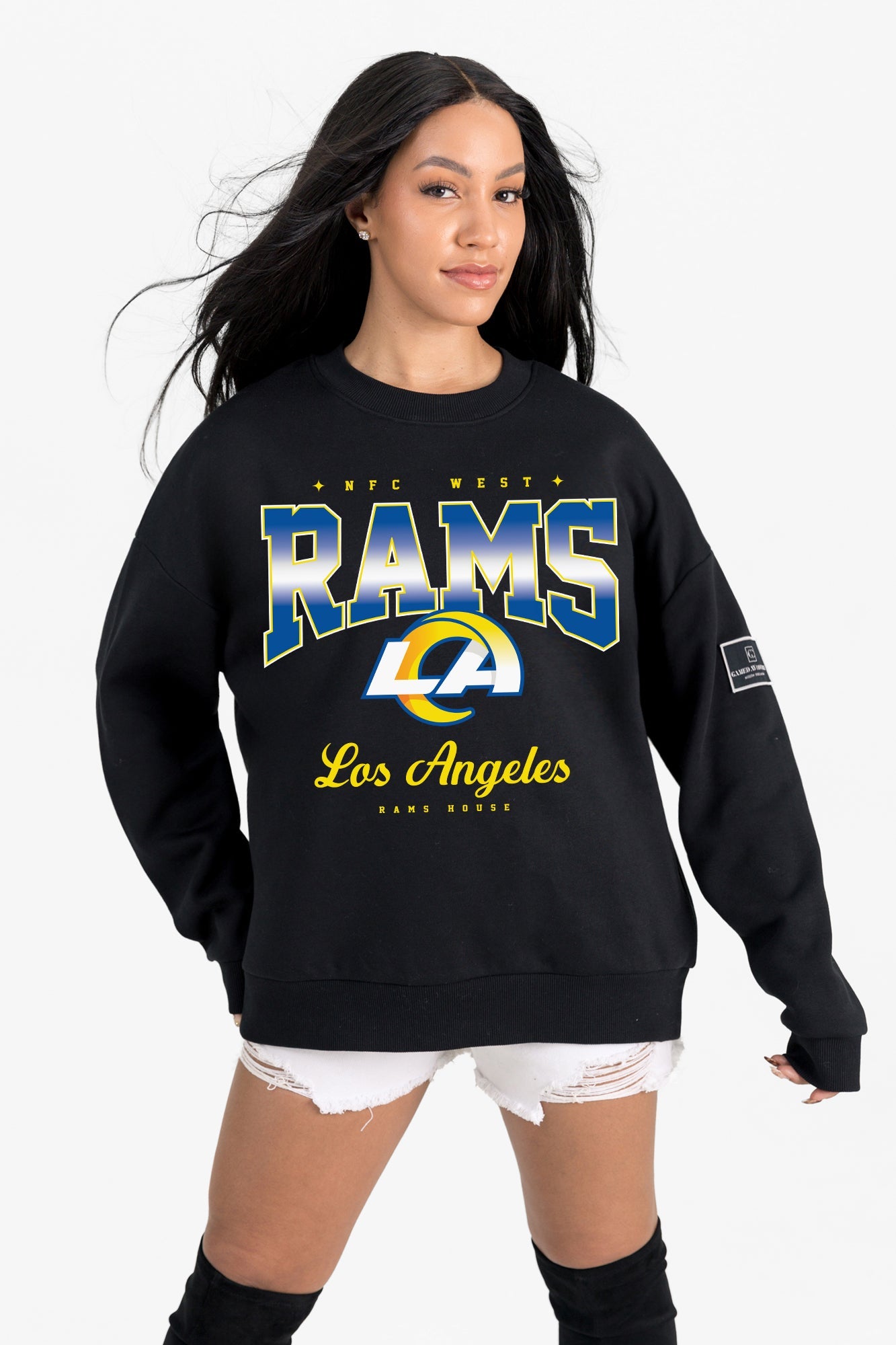 LOS ANGELES RAMS POWERHOUSE PLAY BLACK LABEL PREMIUM FLEECE CREW SWEATSHIRT
