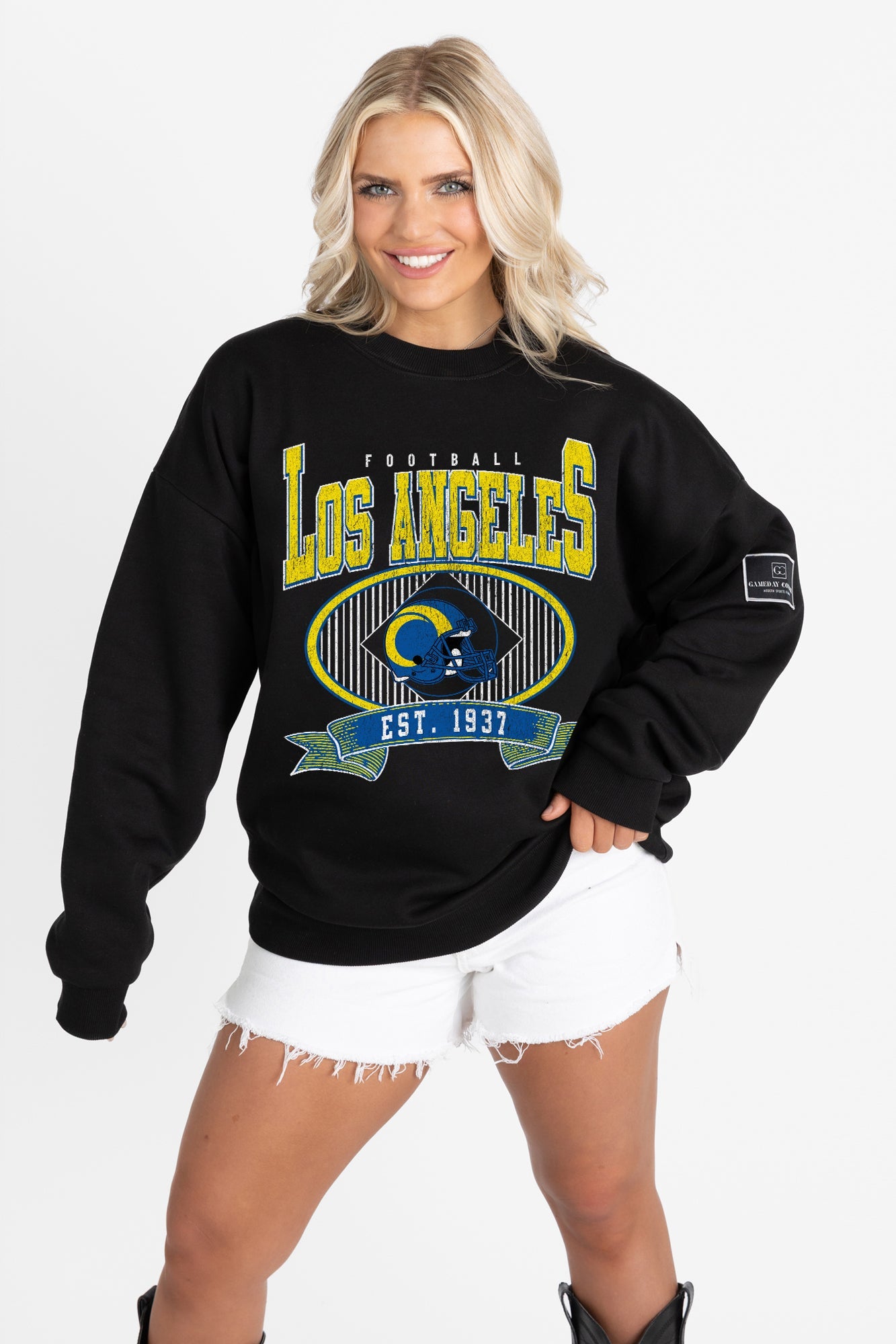 LOS ANGELES RAMS BOLD CHEERS BLACK LABEL PREMIUM FLEECE CREW SWEATSHIRT