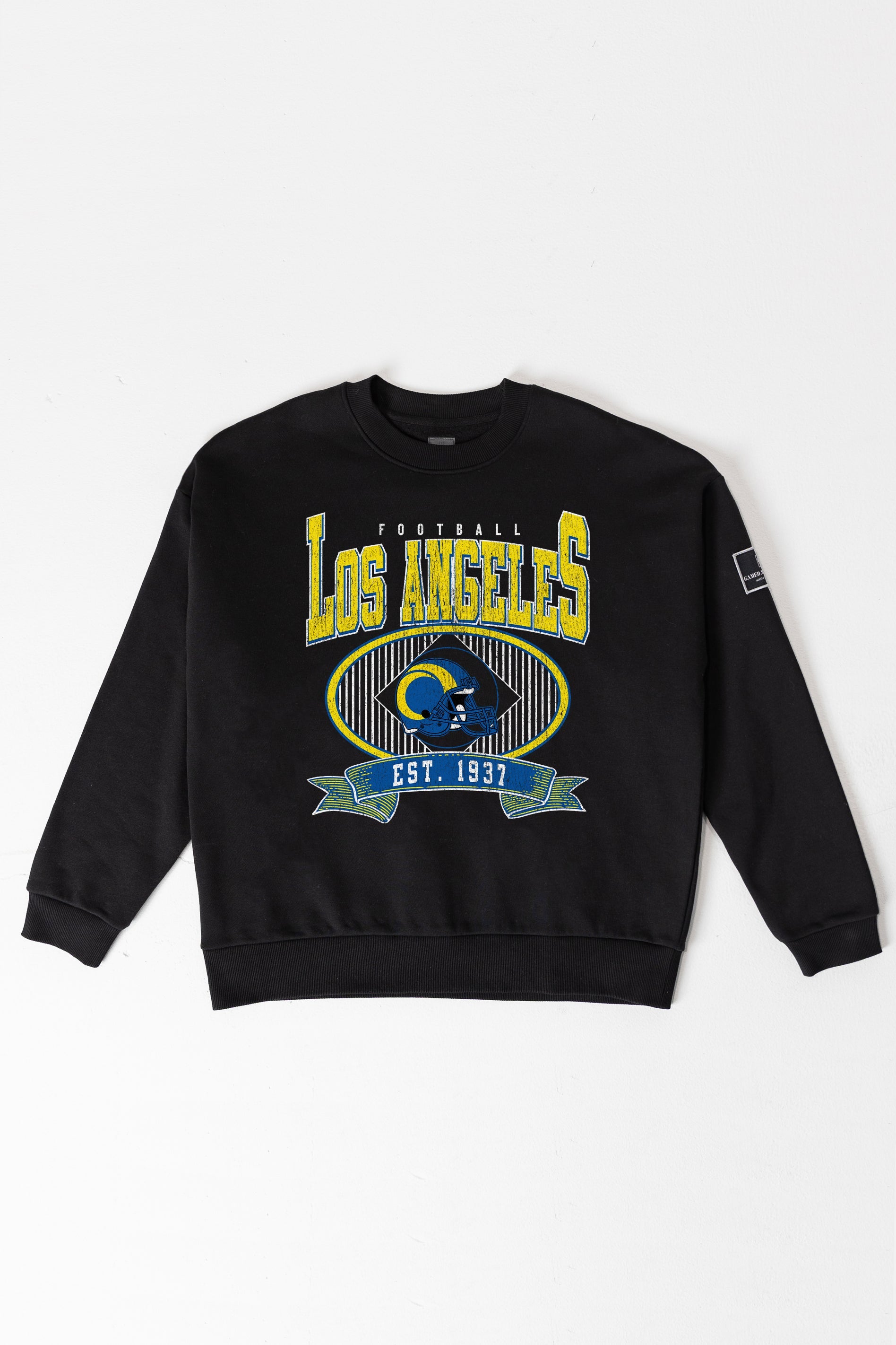 LOS ANGELES RAMS BOLD CHEERS BLACK LABEL PREMIUM FLEECE CREW SWEATSHIRT