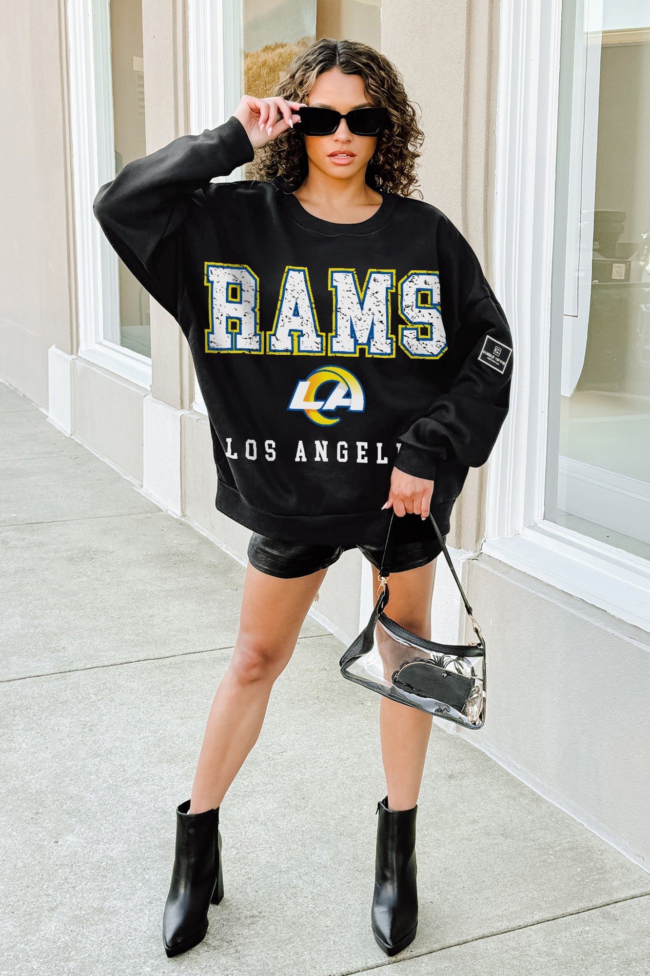 LOS ANGELES RAMS LEVEL UP BLACK LABEL PREMIUM FLEECE CREW SWEATSHIRT