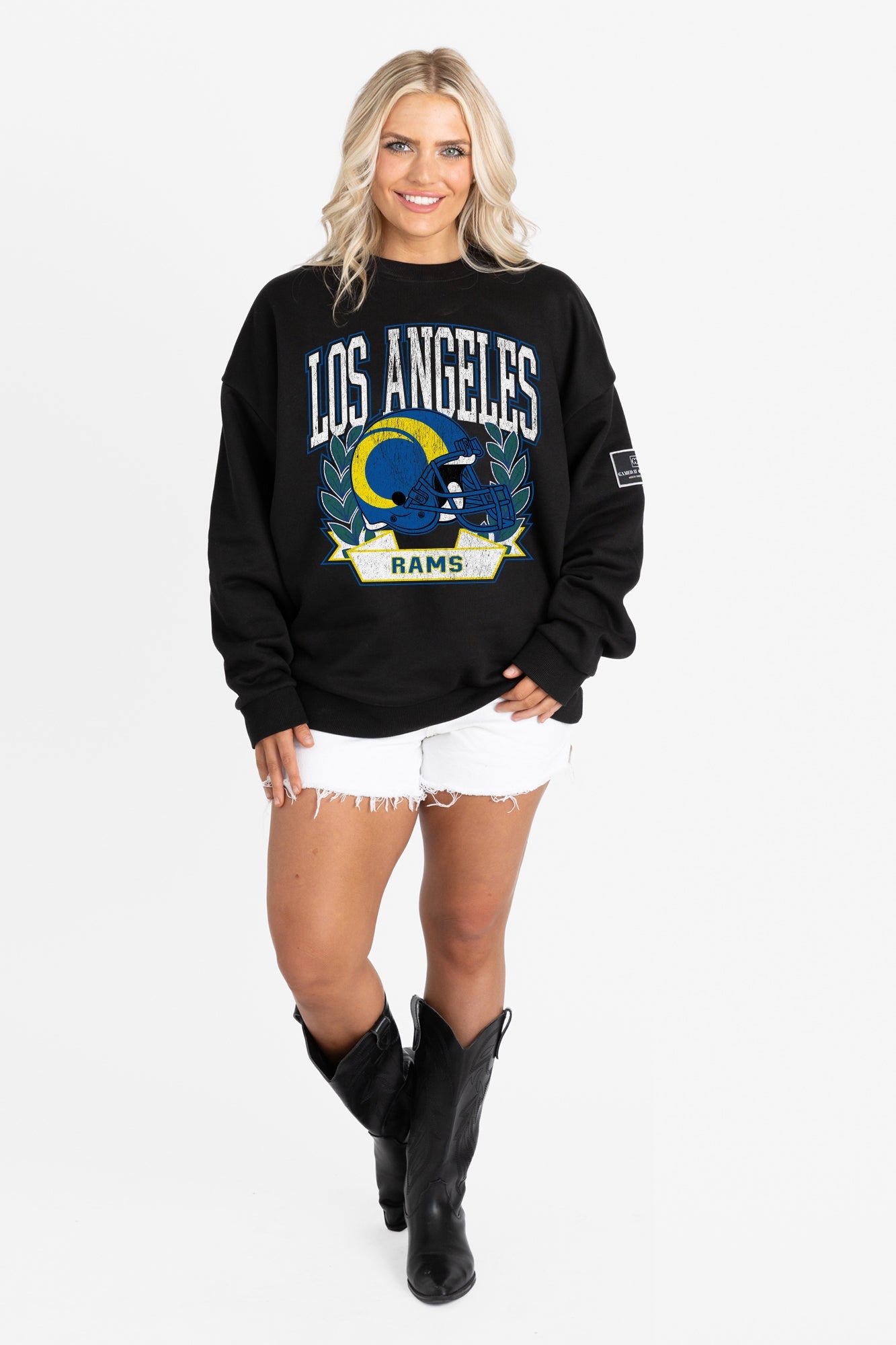 LOS ANGELES RAMS VICTORY LANE BLACK LABEL PREMIUM FLEECE CREW SWEATSHIRT