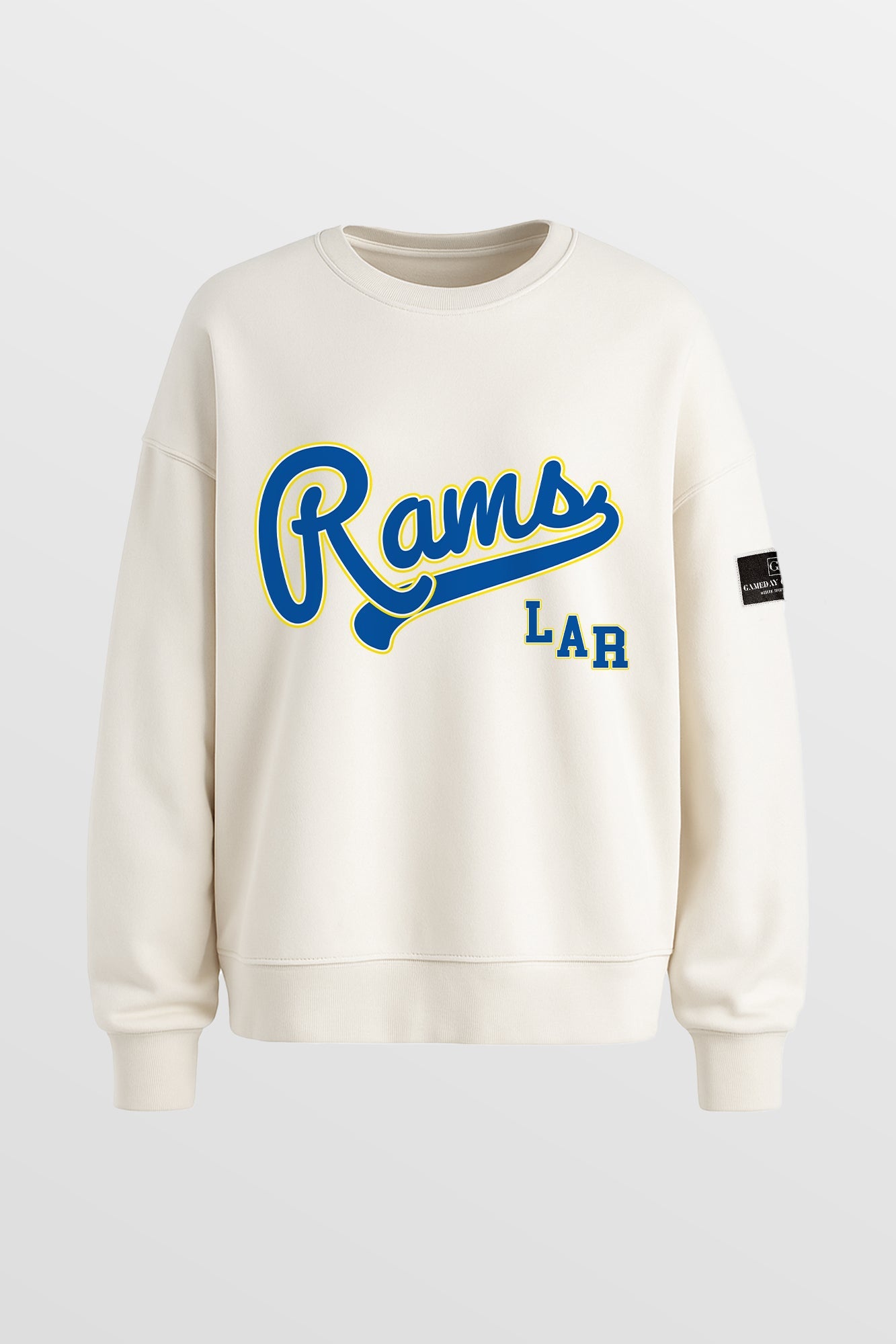 LOS ANGELES RAMS CLUTCH MOVE BLACK LABEL PREMIUM FLEECE CREW SWEATSHIRT BY RANDI MAHOMES