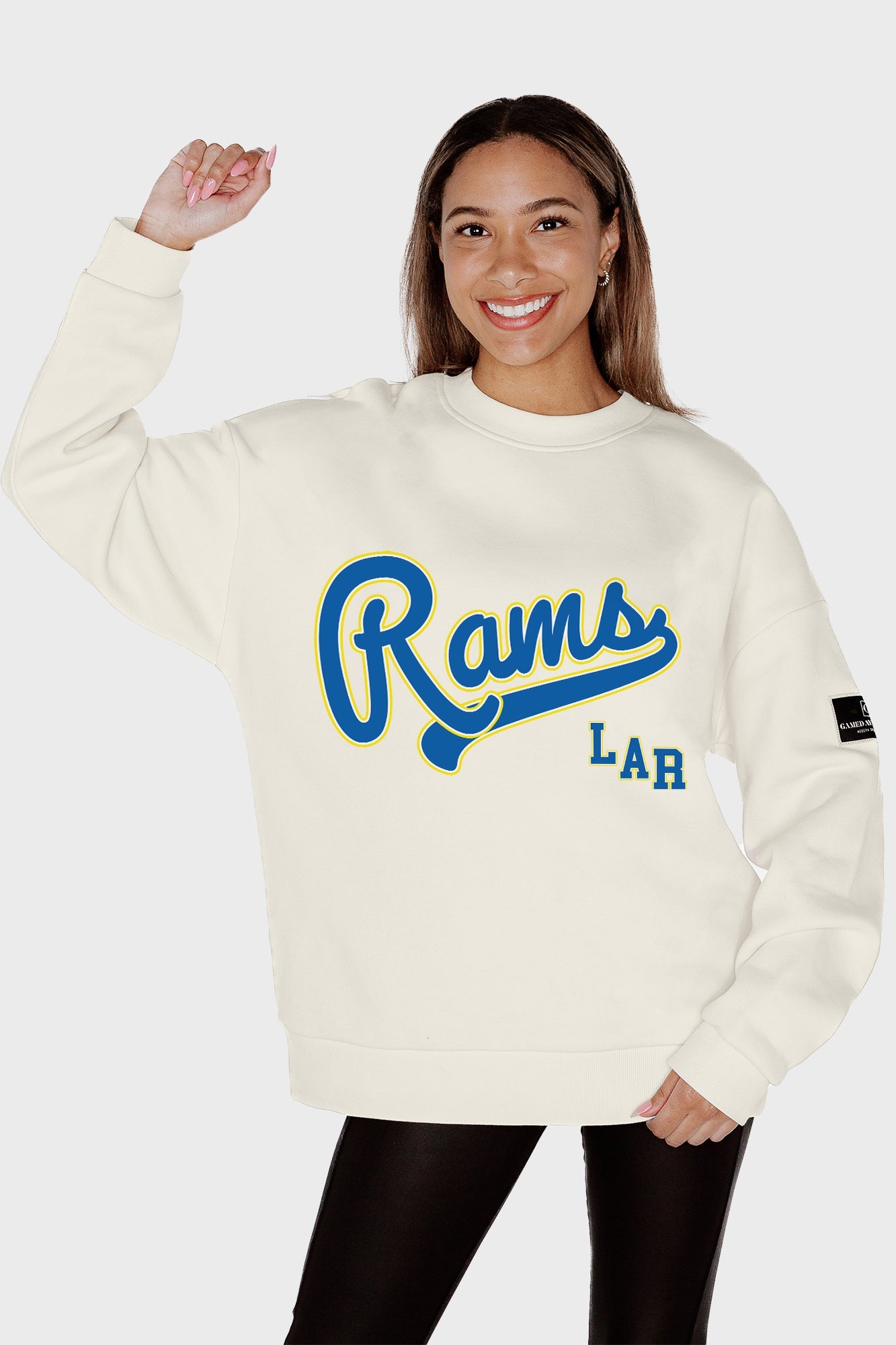 LOS ANGELES RAMS CLUTCH MOVE BLACK LABEL PREMIUM FLEECE CREW SWEATSHIRT BY RANDI MAHOMES