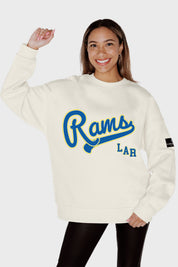 LOS ANGELES RAMS CLUTCH MOVE BLACK LABEL PREMIUM FLEECE CREW SWEATSHIRT BY RANDI MAHOMES