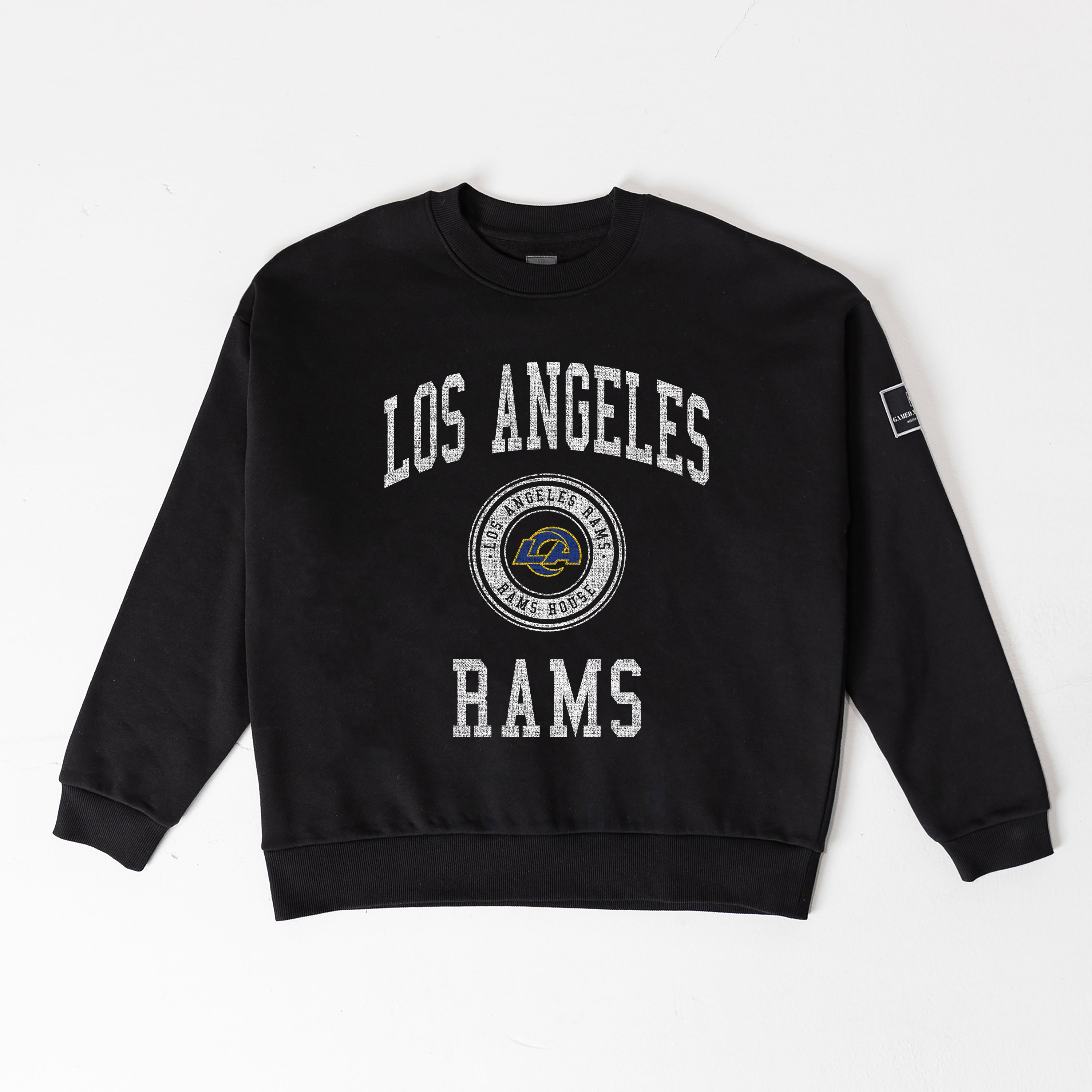 LOS ANGELES RAMS FIERCE FLOW BLACK LABEL PREMIUM FLEECE DROP SHOULDER CREWNECK