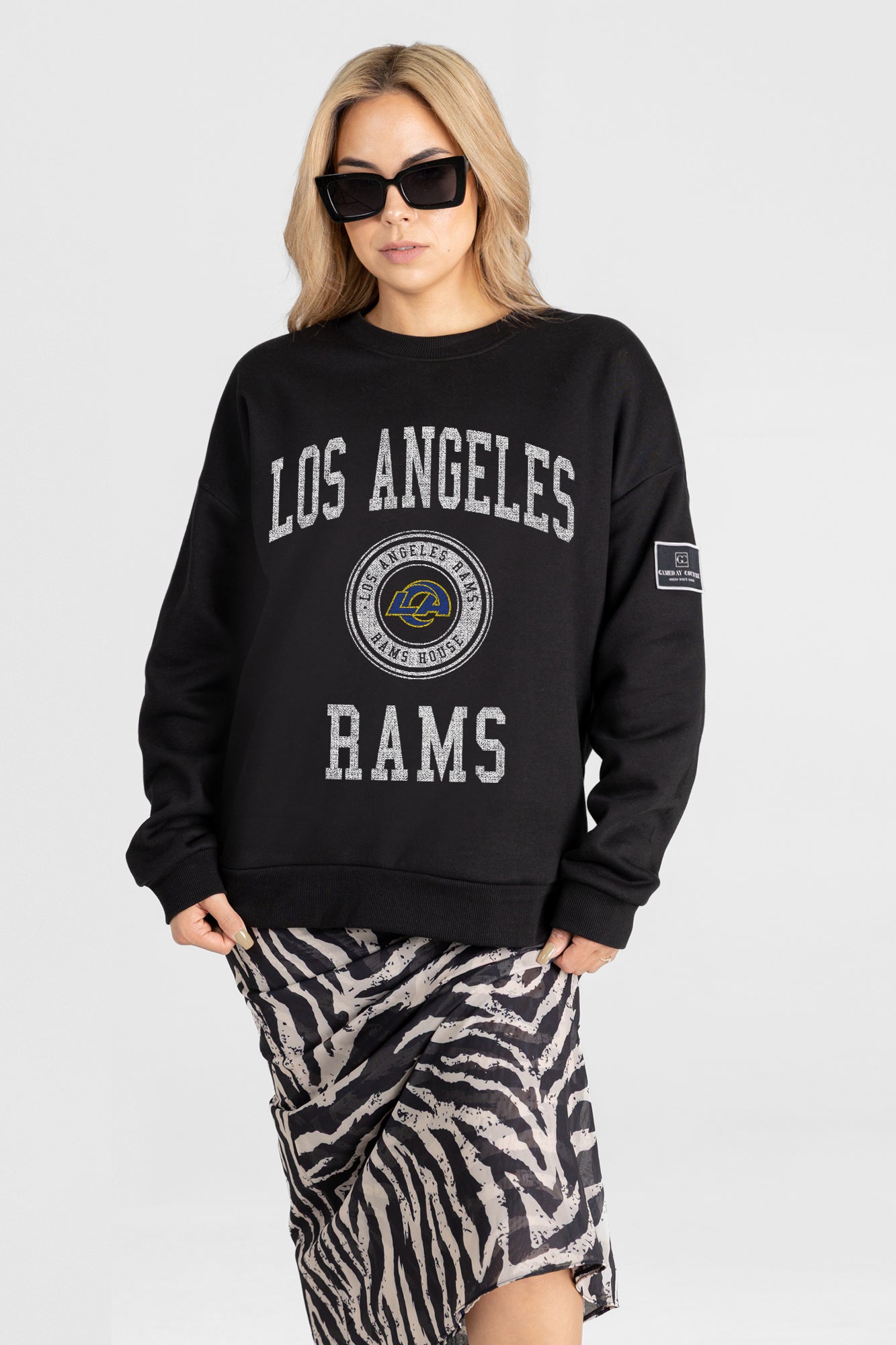 LOS ANGELES RAMS FIERCE FLOW BLACK LABEL PREMIUM FLEECE DROP SHOULDER CREWNECK