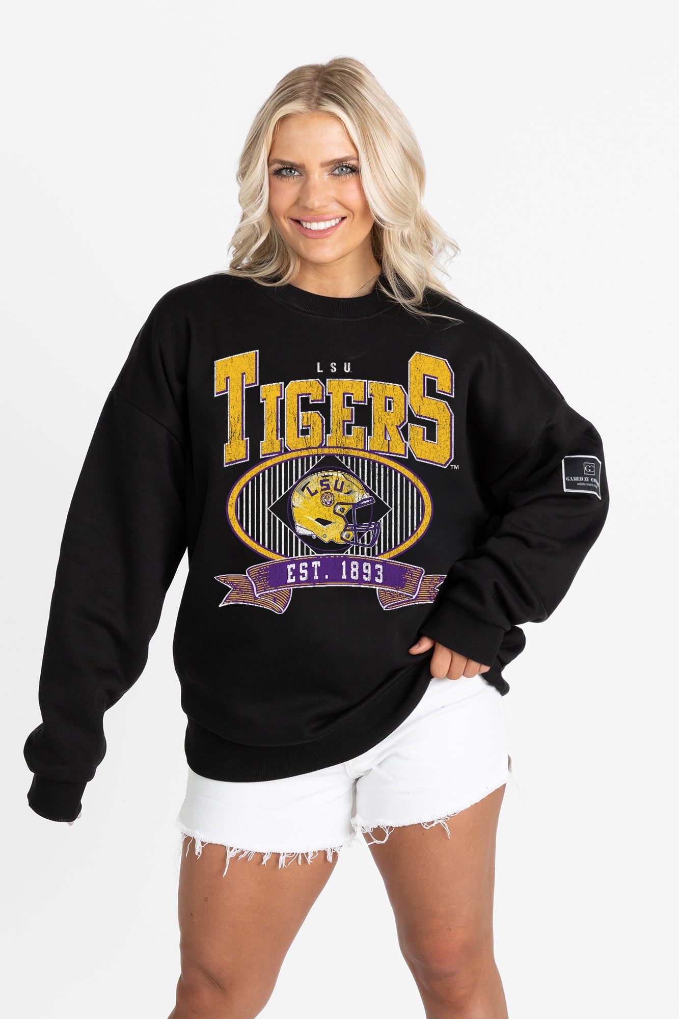LSU TIGERS BOLD CHEERS BLACK LABEL PREMIUM FLEECE CREW SWEATSHIRT