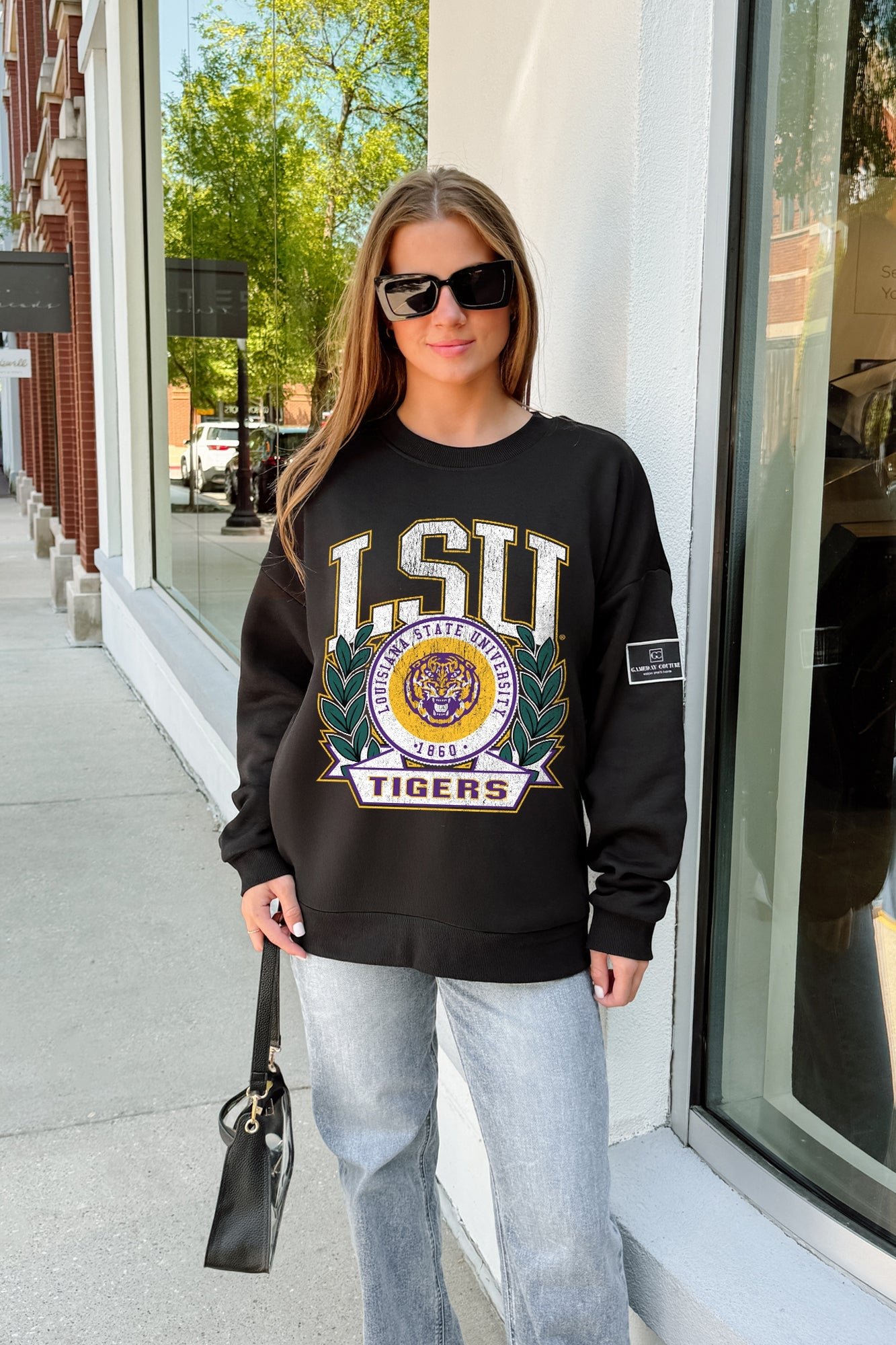 LSU TIGERS VICTORY LANE BLACK LABEL PREMIUM FLEECE CREW SWEATSHIRT