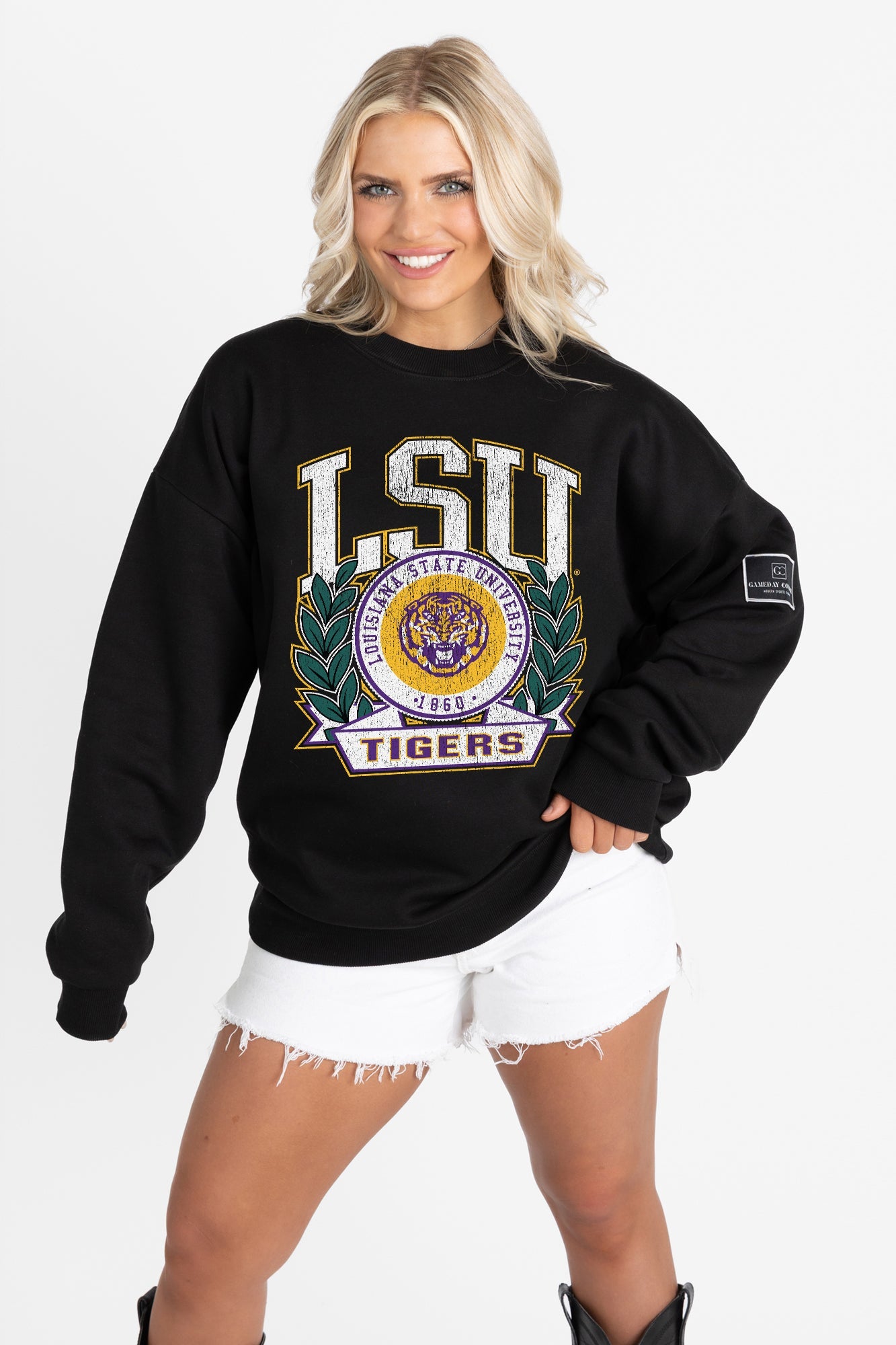 LSU TIGERS VICTORY LANE BLACK LABEL PREMIUM FLEECE CREW SWEATSHIRT