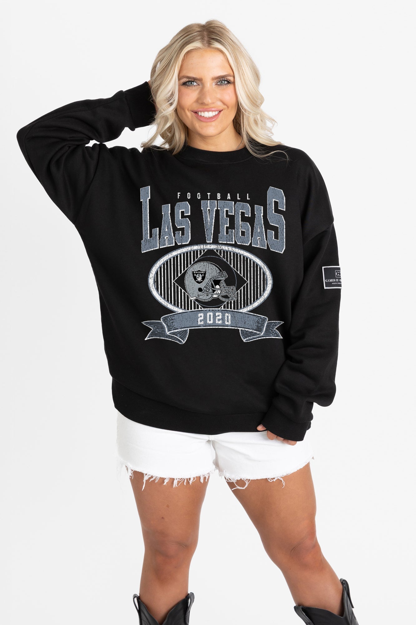 LAS VEGAS RAIDERS BOLD CHEERS BLACK LABEL PREMIUM FLEECE CREW SWEATSHIRT