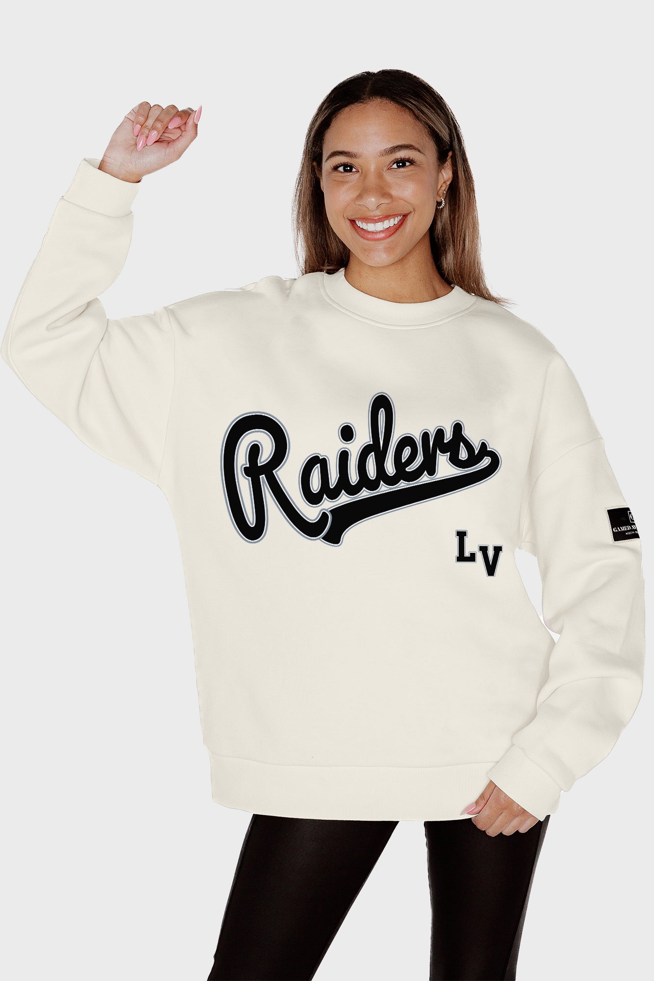 LAS VEGAS RAIDERS CLUTCH MOVE BLACK LABEL PREMIUM FLEECE CREW SWEATSHIRT BY RANDI MAHOMES