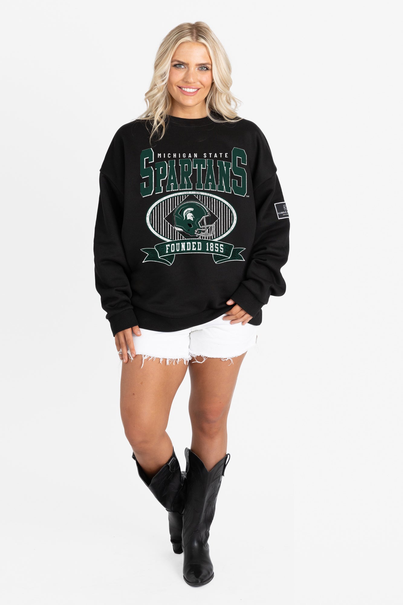 MICHIGAN STATE SPARTANS BOLD CHEERS BLACK LABEL PREMIUM FLEECE CREW SWEATSHIRT