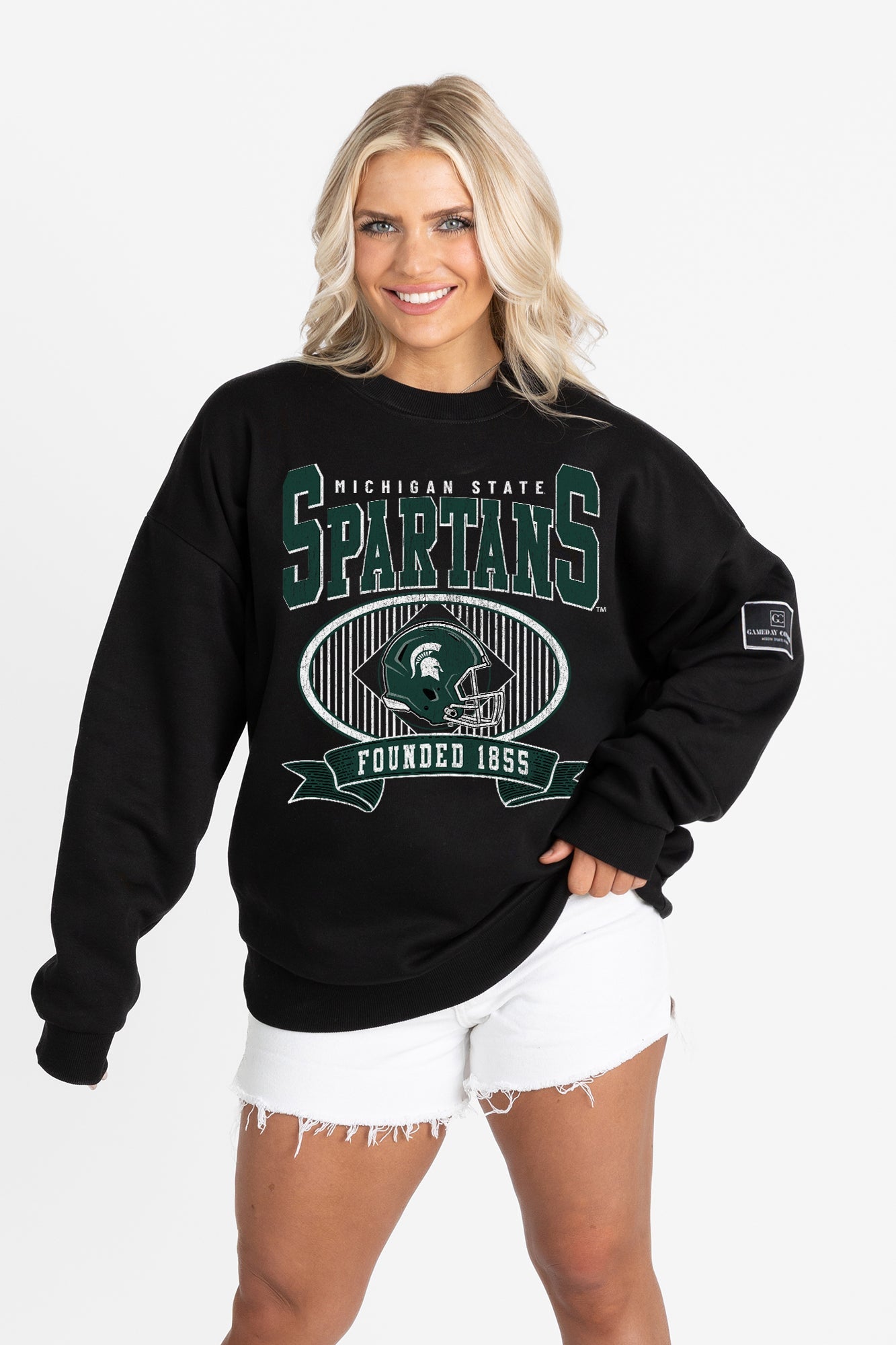 MICHIGAN STATE SPARTANS BOLD CHEERS BLACK LABEL PREMIUM FLEECE CREW SWEATSHIRT