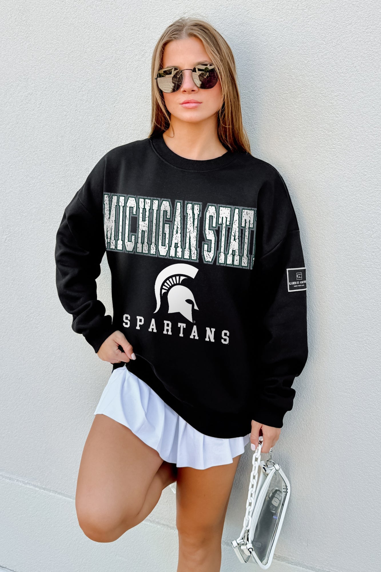 MICHIGAN STATE SPARTANS LEVEL UP BLACK LABEL PREMIUM FLEECE CREW SWEATSHIRT