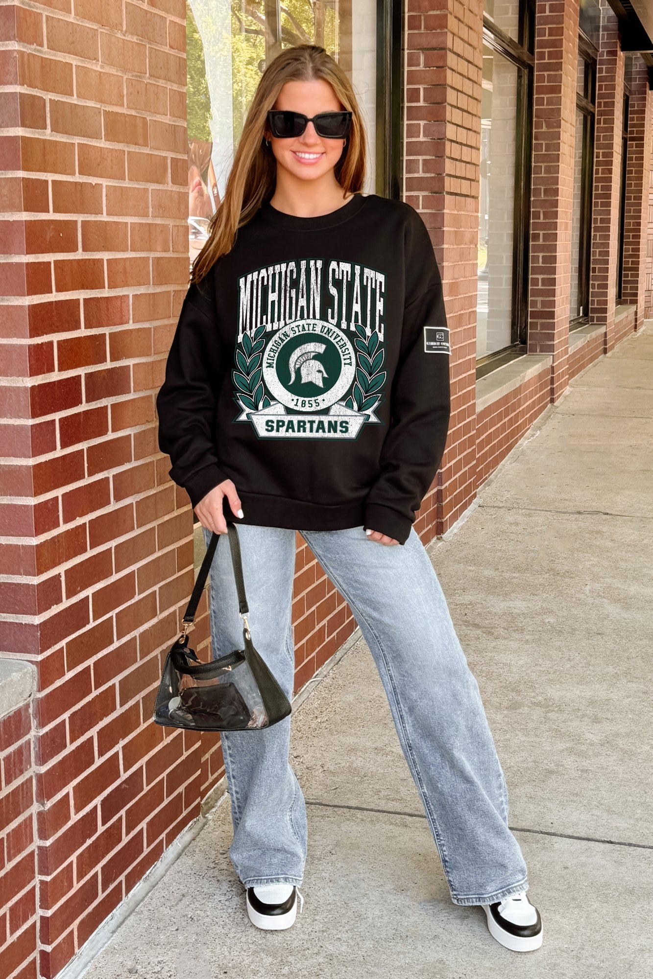 MICHIGAN STATE SPARTANS VICTORY LANE BLACK LABEL PREMIUM FLEECE CREW SWEATSHIRT