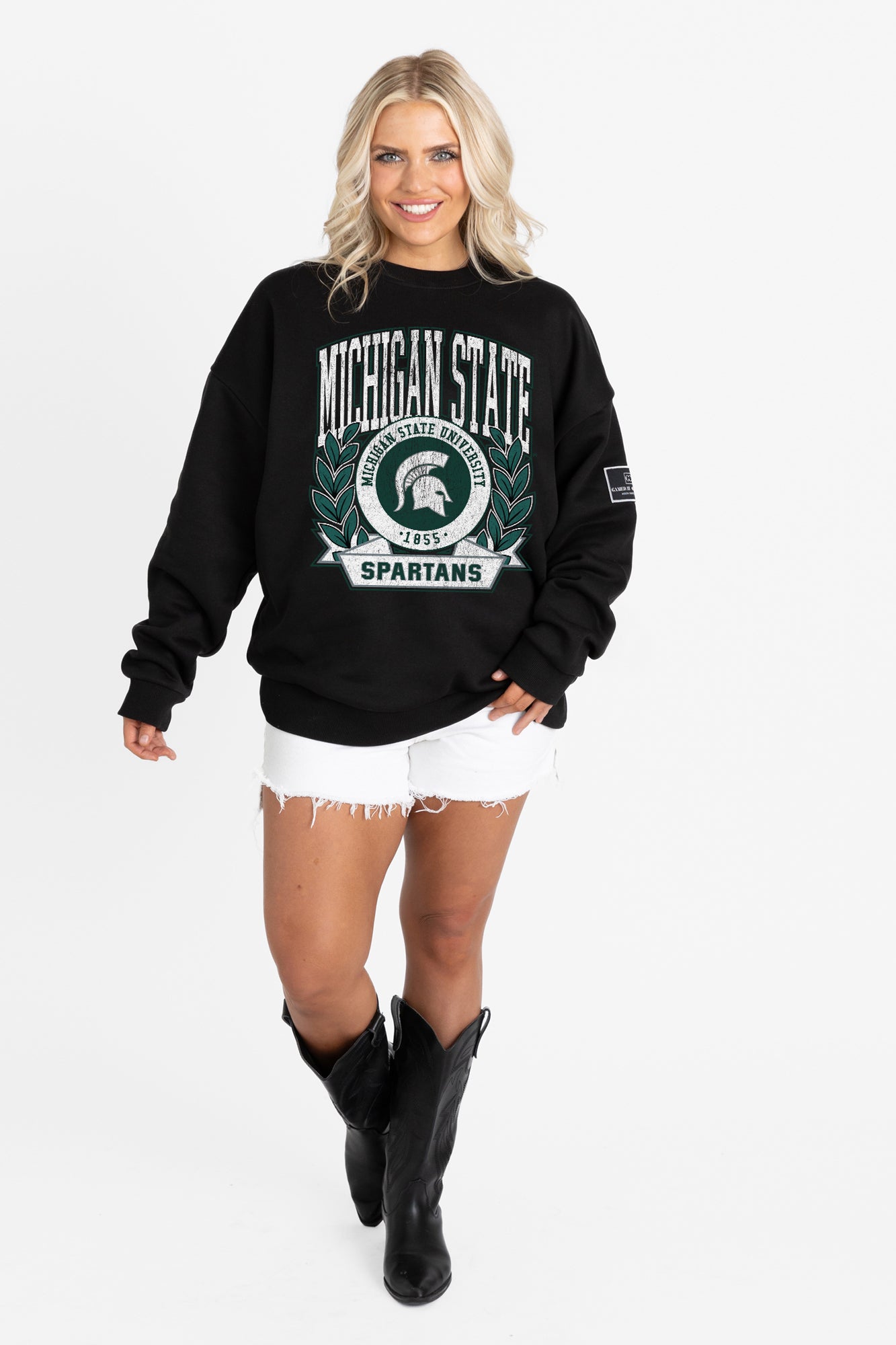 MICHIGAN STATE SPARTANS VICTORY LANE BLACK LABEL PREMIUM FLEECE CREW SWEATSHIRT
