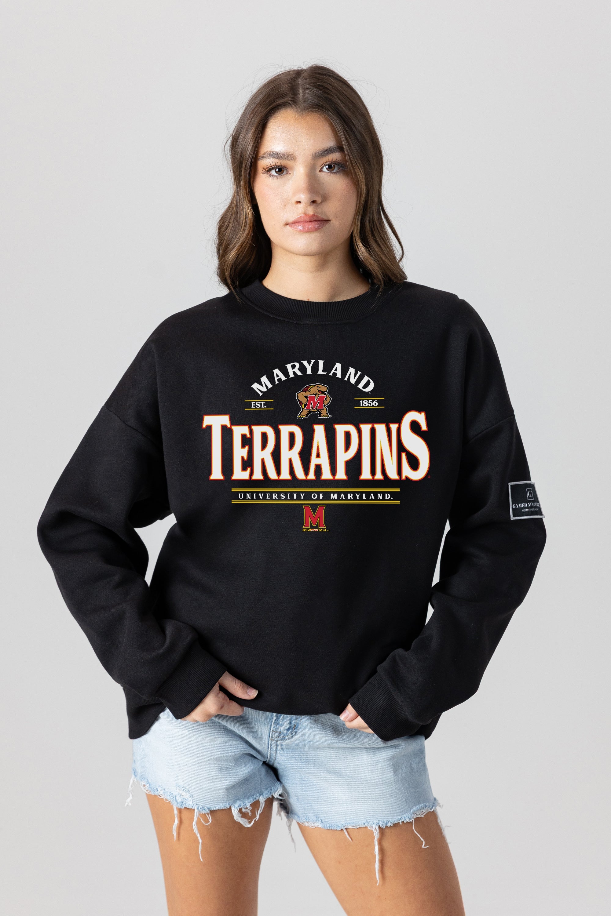 MARYLAND TERRAPINS PLAYERS ONLY BLACK LABEL PREMIUM FLEECE DROP SHOULDER CREWNECK