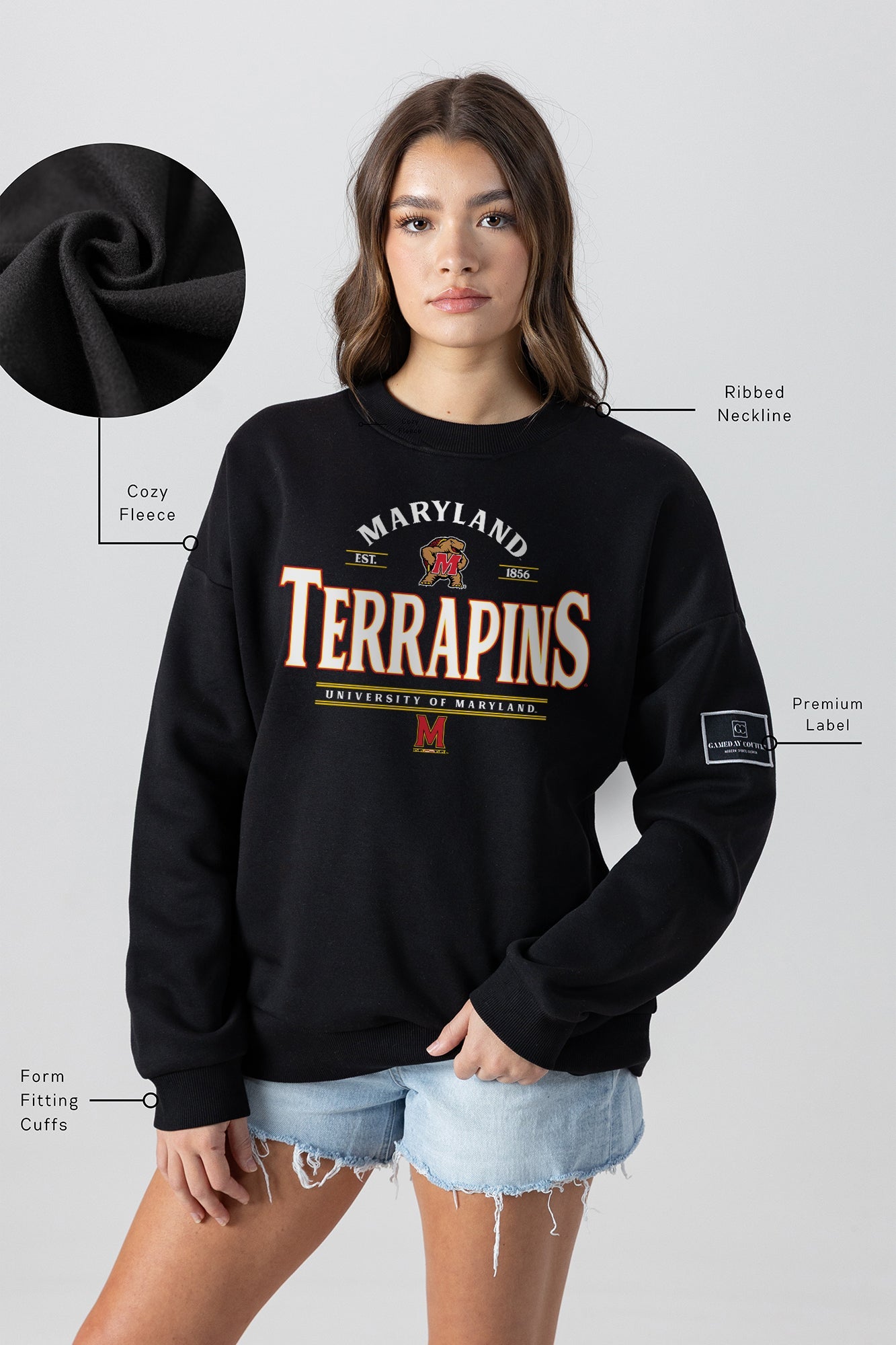 MARYLAND TERRAPINS PLAYERS ONLY BLACK LABEL PREMIUM FLEECE DROP SHOULDER CREWNECK