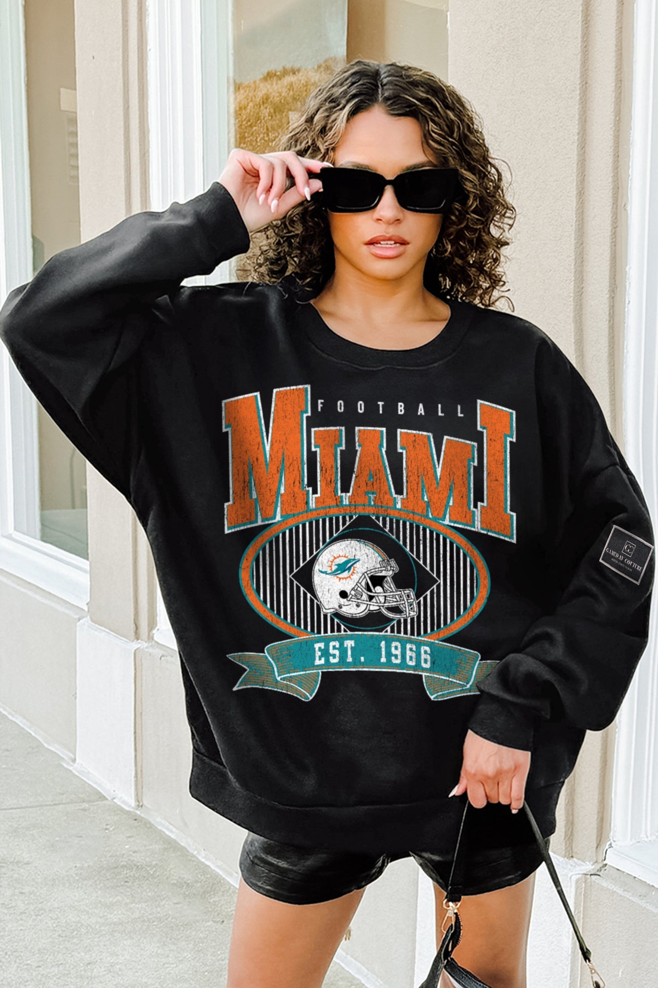 MIAMI DOLPHINS BOLD CHEERS BLACK LABEL PREMIUM FLEECE CREW SWEATSHIRT