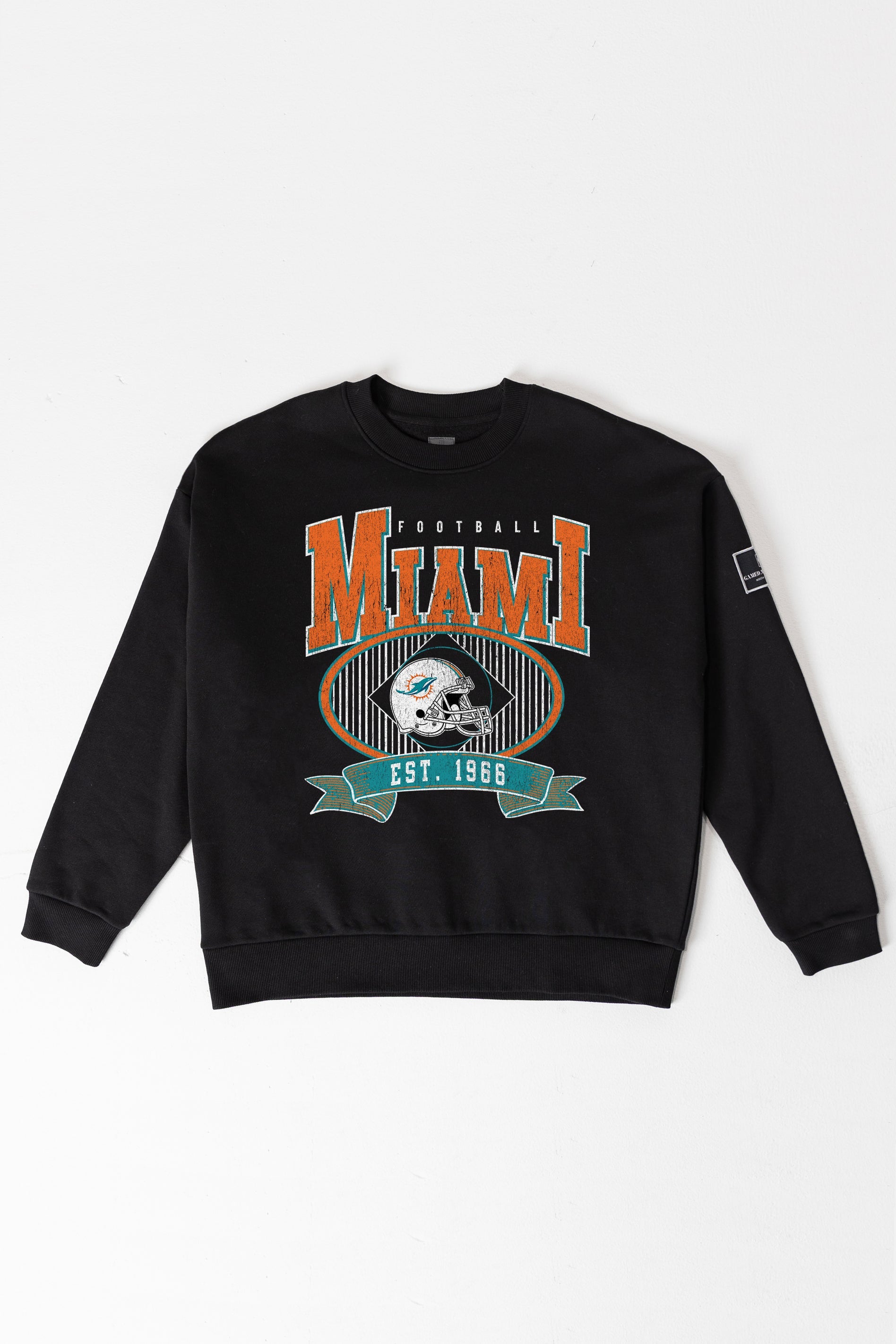 MIAMI DOLPHINS BOLD CHEERS BLACK LABEL PREMIUM FLEECE CREW SWEATSHIRT