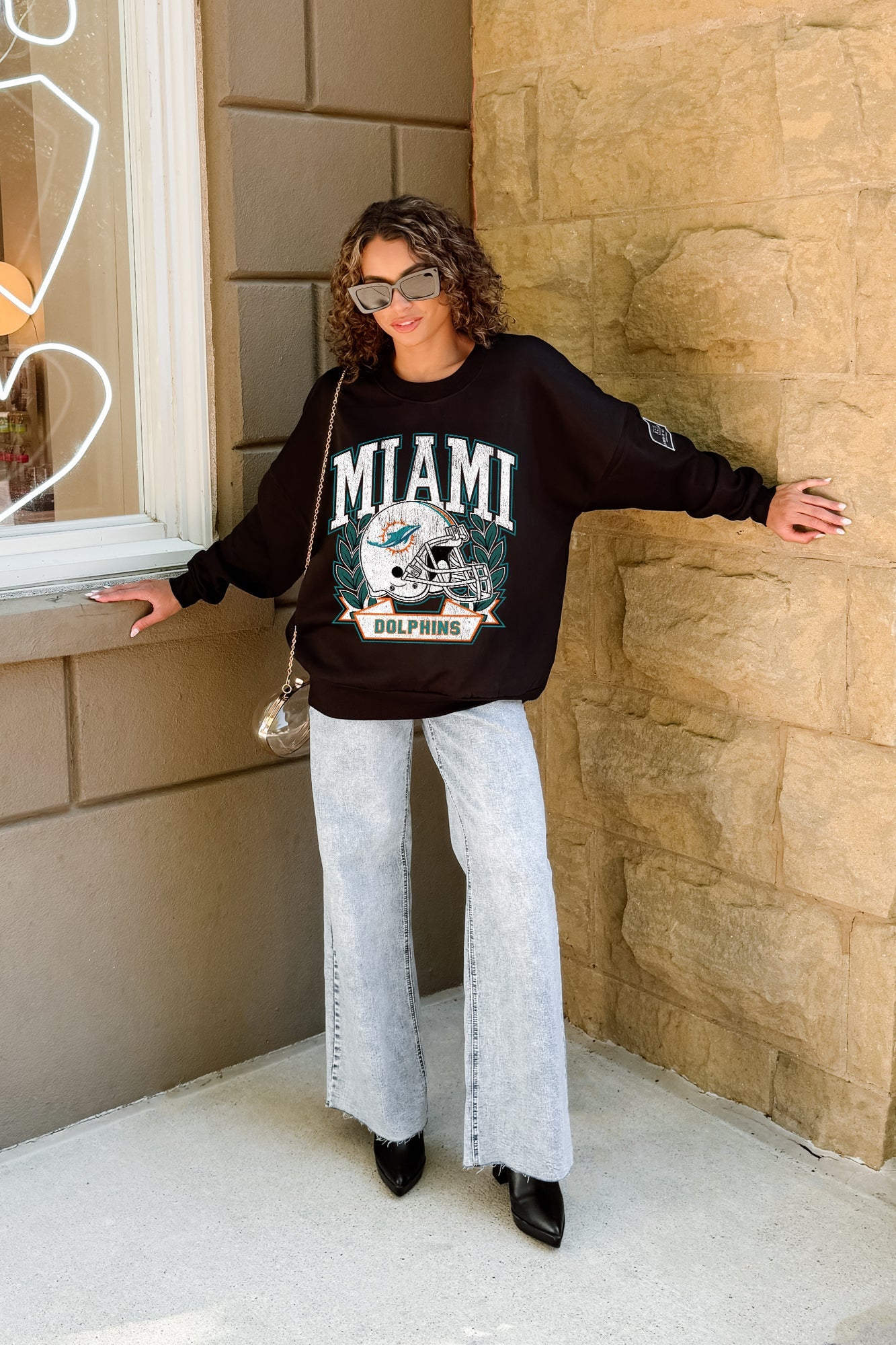 MIAMI DOLPHINS VICTORY LANE BLACK LABEL PREMIUM FLEECE CREW SWEATSHIRT