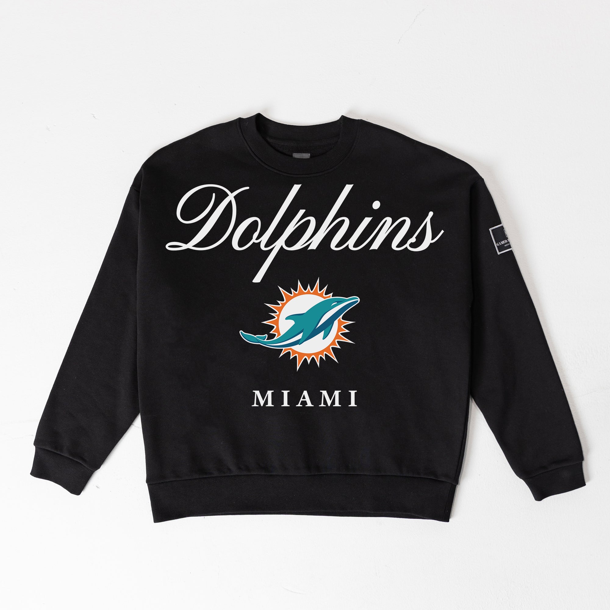 MIAMI DOLPHINS LEGACY CLUB BLACK LABEL PREMIUM FLEECE DROP SHOULDER CREWNECK