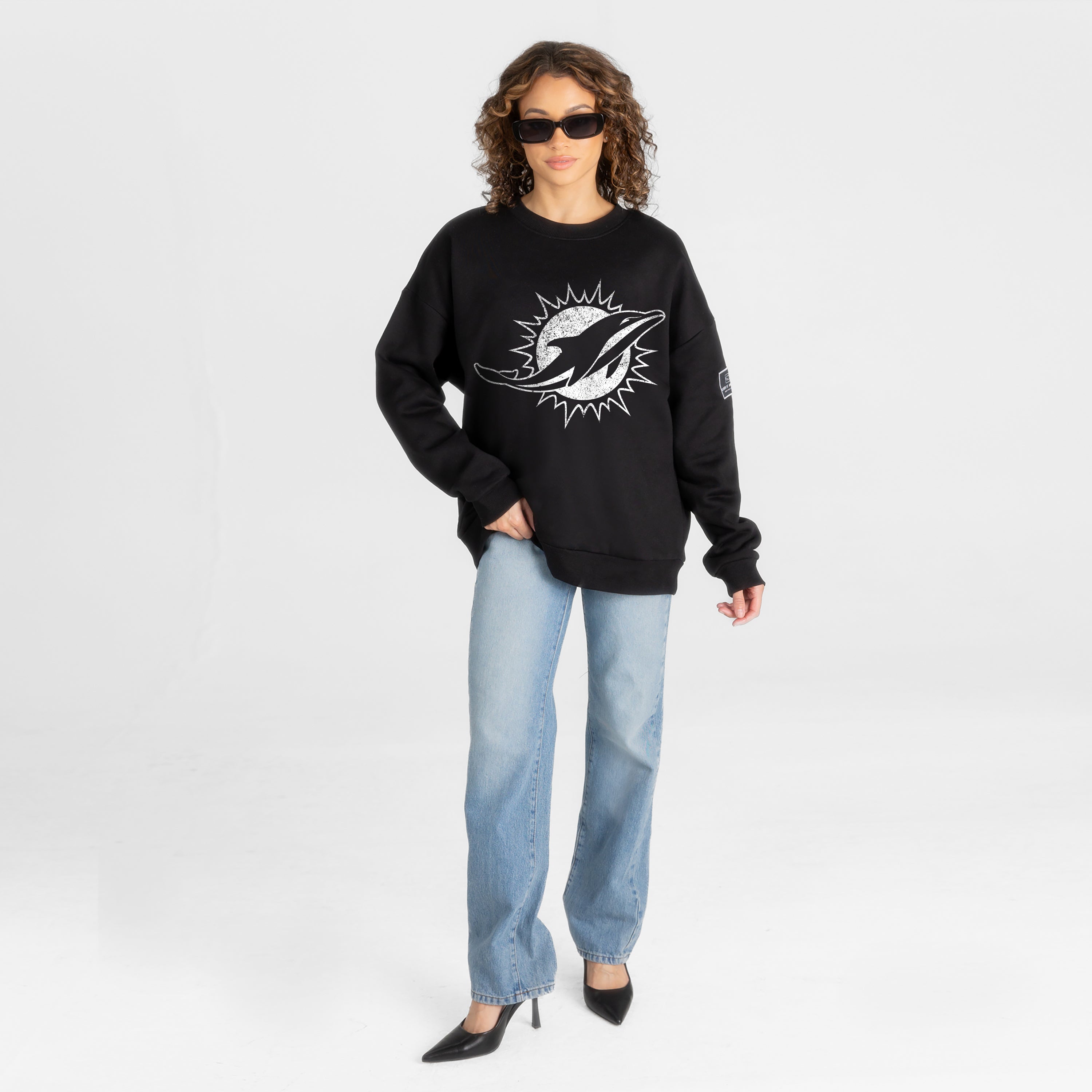 MIAMI DOLPHINS BOLD MOVE BLACK LABEL PREMIUM FLEECE DROP SHOULDER CREWNECK