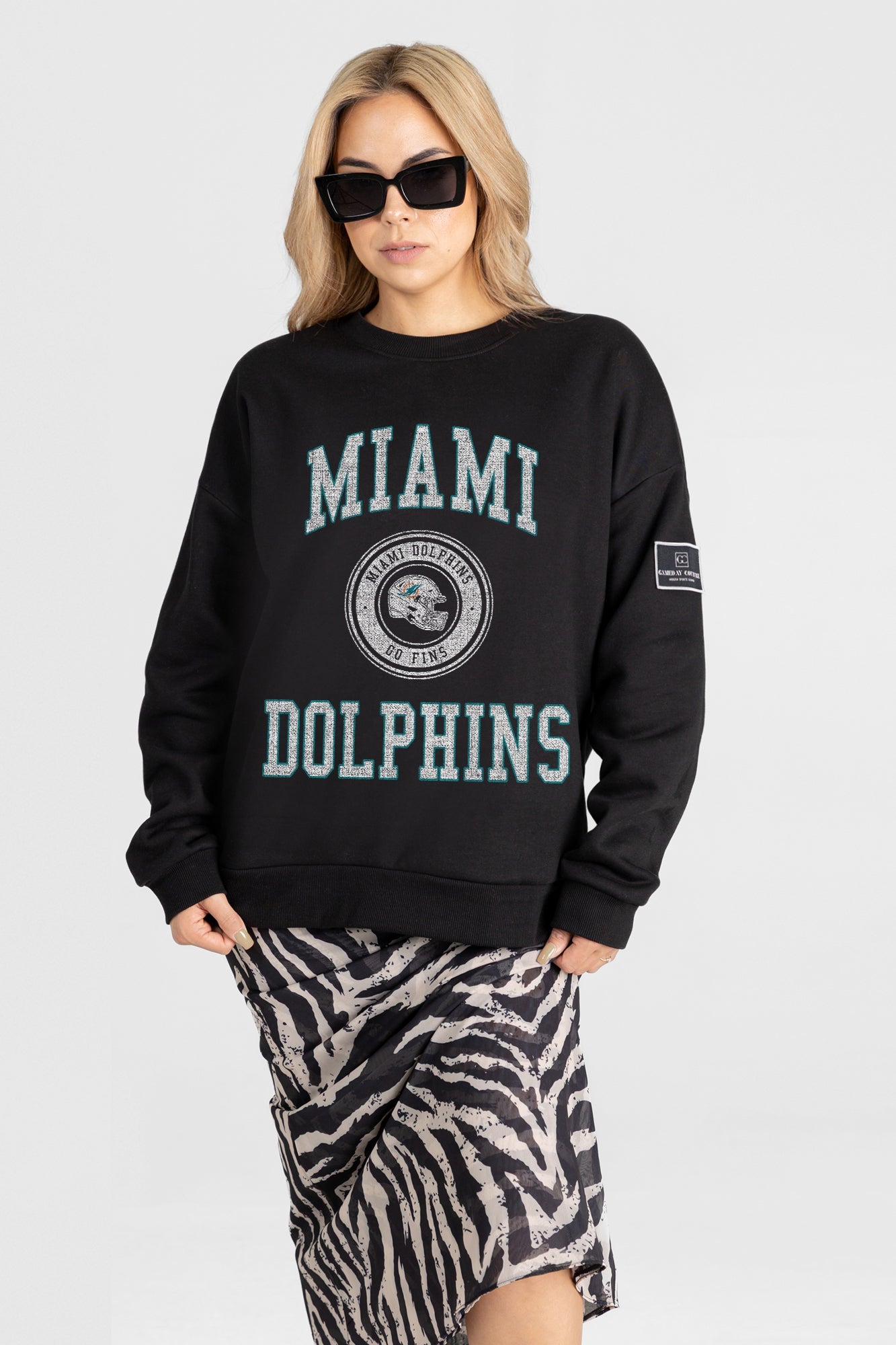 MIAMI DOLPHINS FIERCE FLOW BLACK LABEL PREMIUM FLEECE DROP SHOULDER CREWNECK