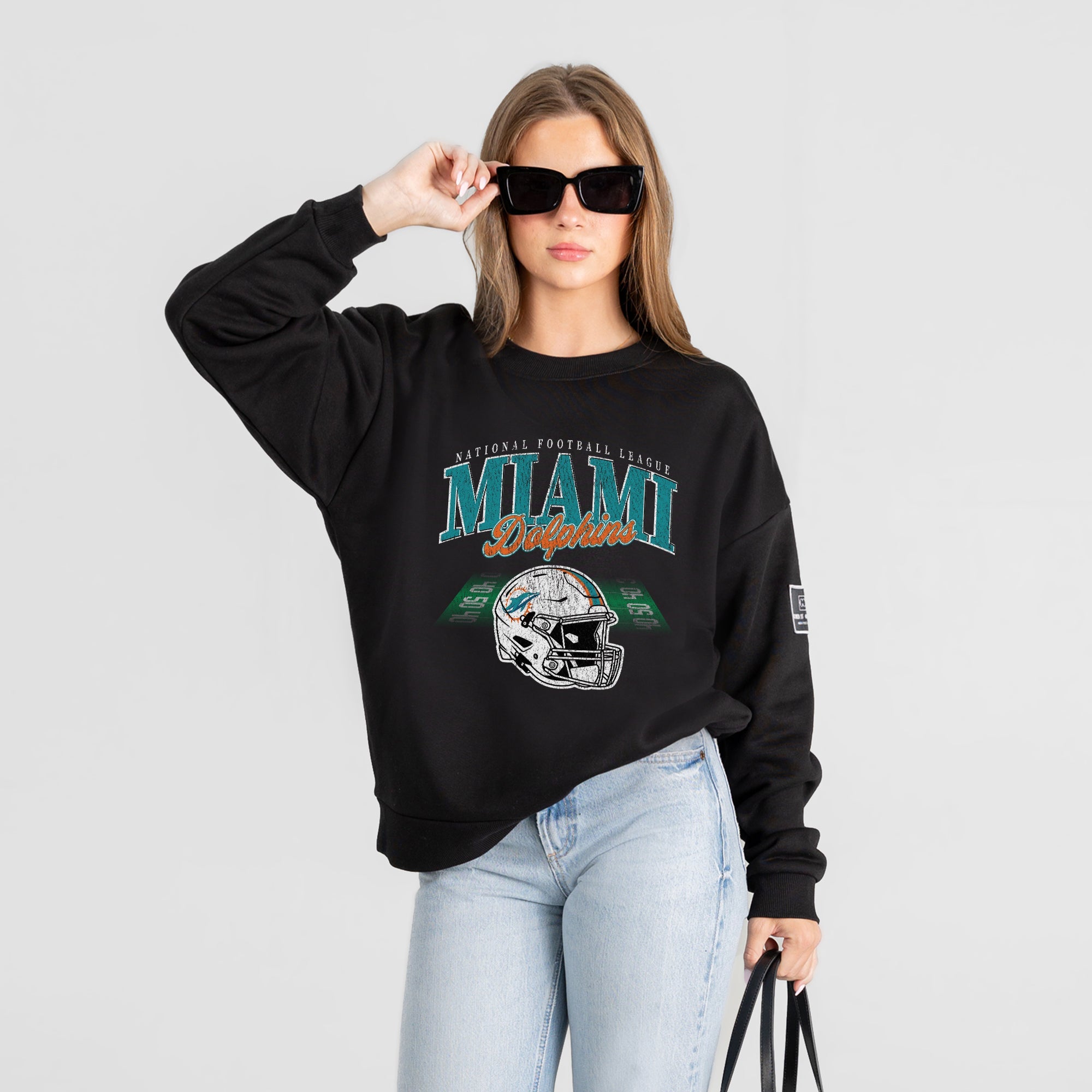 MIAMI DOLPHINS FIELD FOCUS BLACK LABEL PREMIUM FLEECE DROP SHOULDER CREWNECK